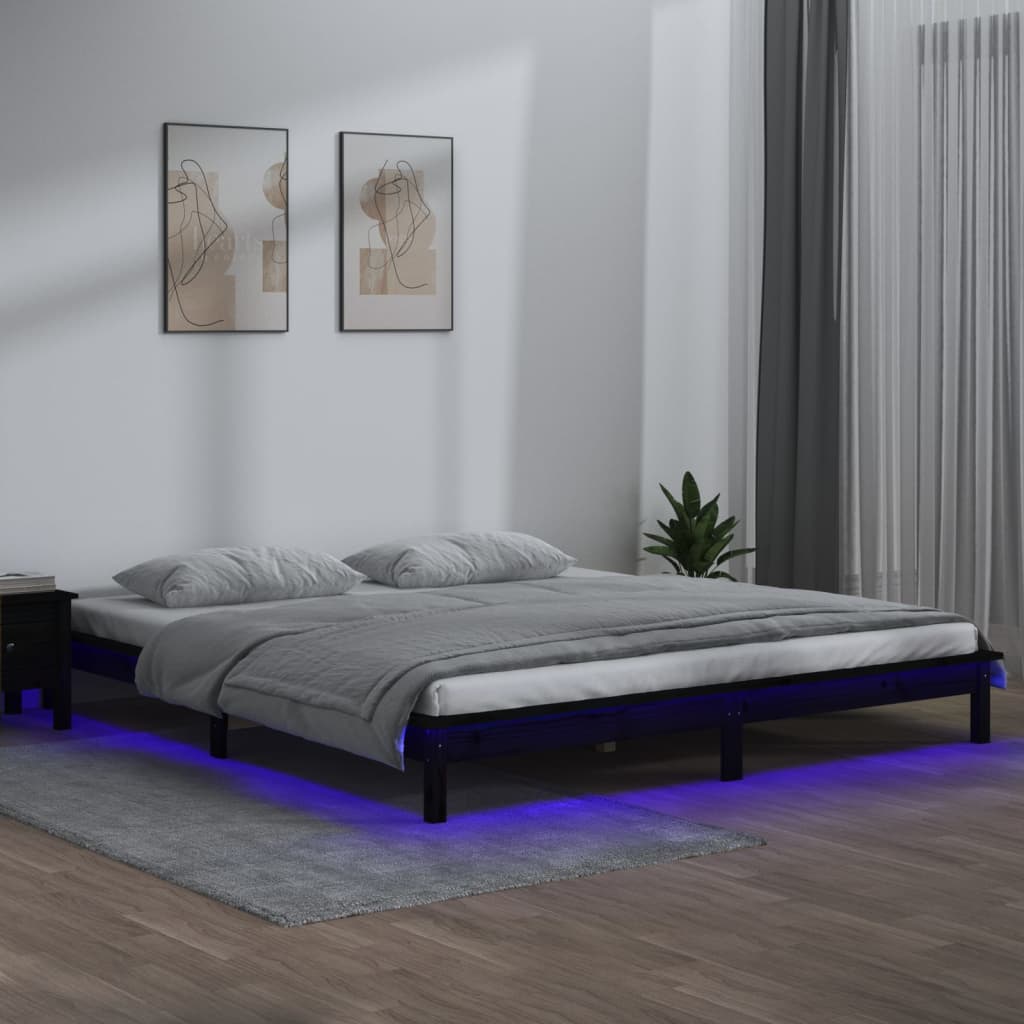 Łóżko Drewniane Czarne Rama Łóżka Ze Stelażem Drewniana Łóżko Do Sypialni Pokoju LED 120x190 cm