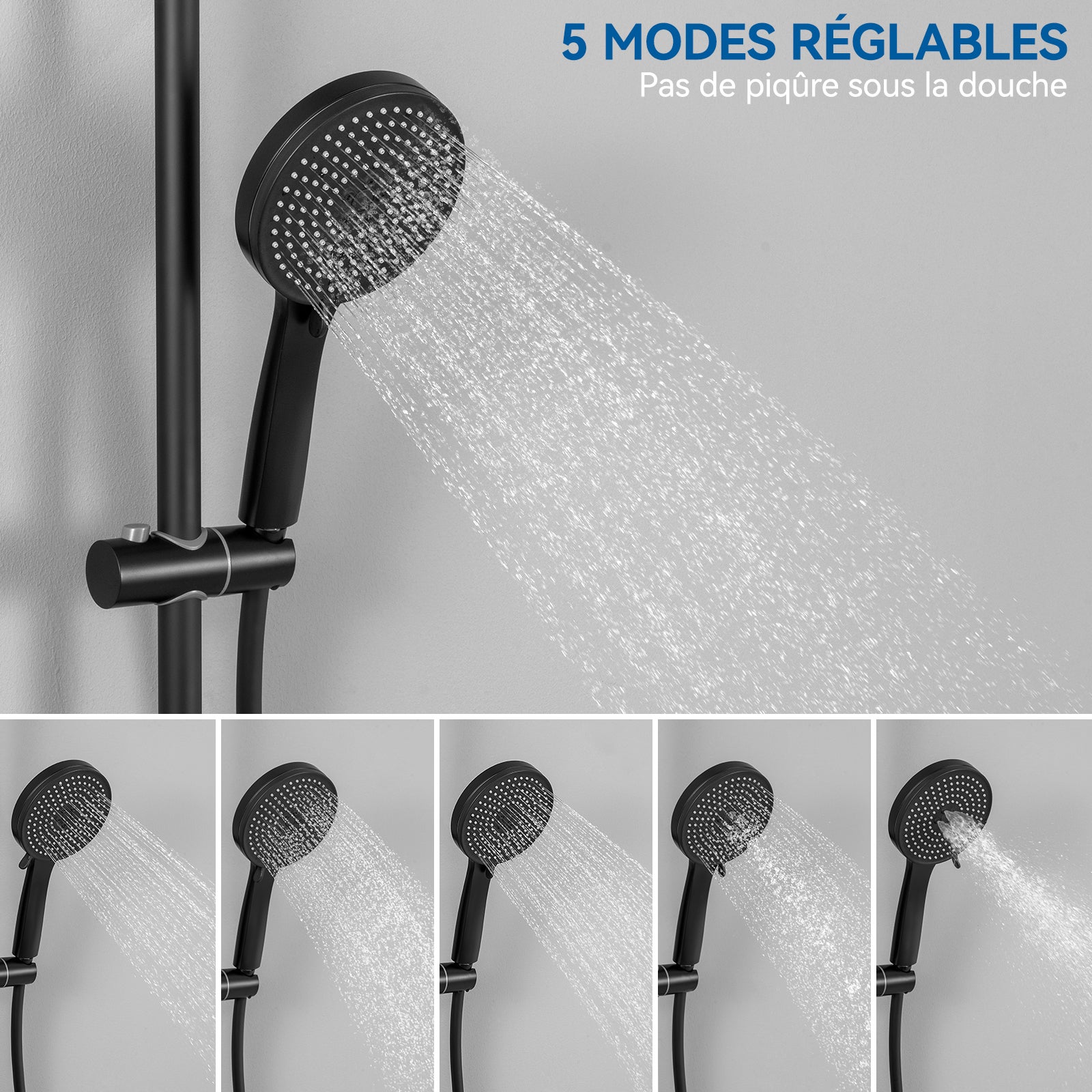 Columna ducha termostática,cabezal ducha cuadrado 30*30cm, cabezal ducha redondo 5 chorros,ducha lluvia ajustable altura,con mezclador de cobre,negro - 4