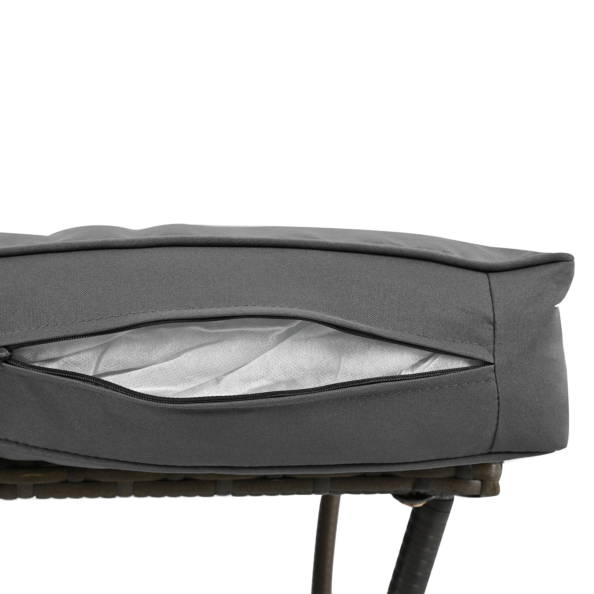 Salon de jardin 3 pièces : 2 fauteuils à bascule en rotin avec coussins gris et table en verre trempé - 5