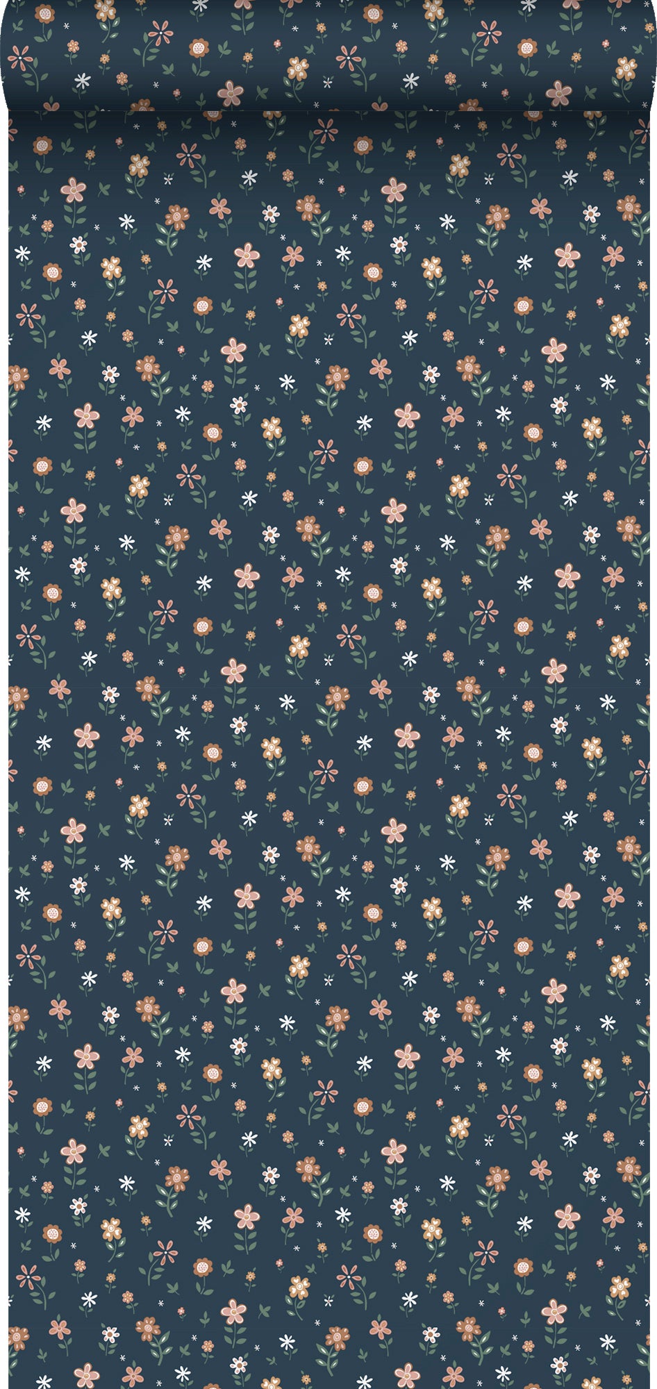 Tapeta kwiaty ciemnoniebieskim,terakota,zielonymIbiałym - 53 cm x 10.05 m - ESTAHOME