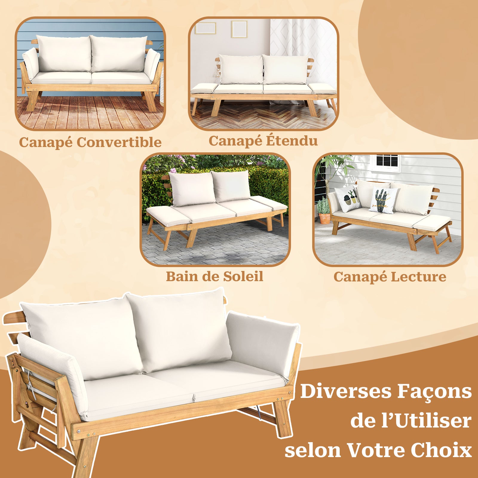 3 en 1 Canapé Convertible Lit Jardin 2 Places-Bois d’acacia-FSC, Canapé Extensible Coussins Amovibles-Charge 320KG pour Balcon/Terrase, Blanc GIANTEX - 6