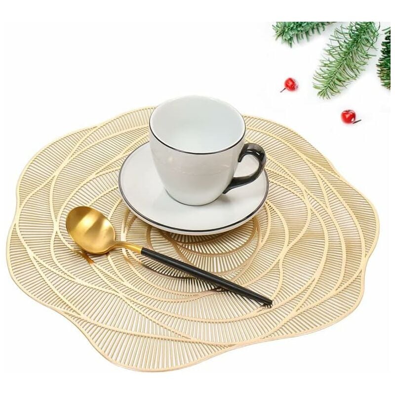 Zestaw 4 podkładek na stół zmywalnych z PVC, antypoślizgowych, odpornych na ciepło i zużycie, łatwych do czyszczenia i przechowywania, Kwiat (Złoty)