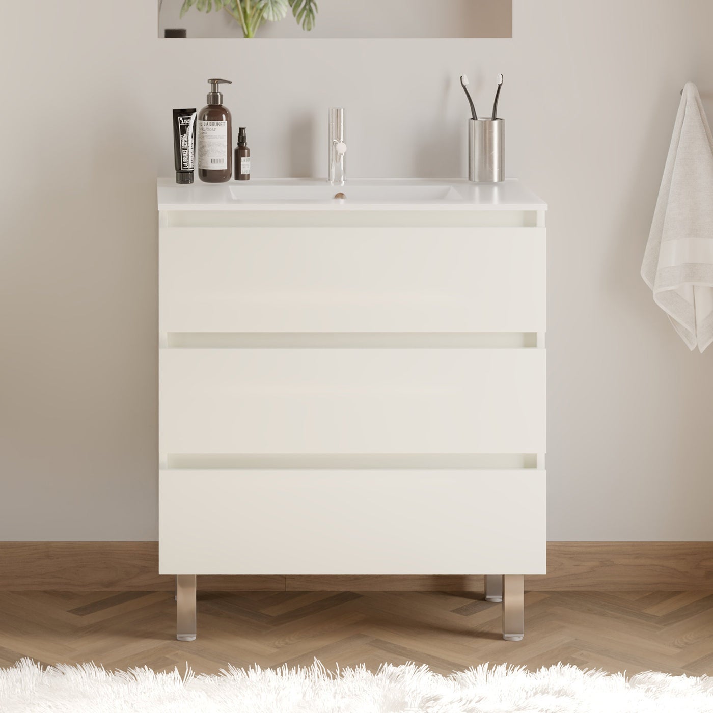 Meuble de salle de bain 60cm simple vasque - 3 tiroirs - blanc - MAYOR - 2
