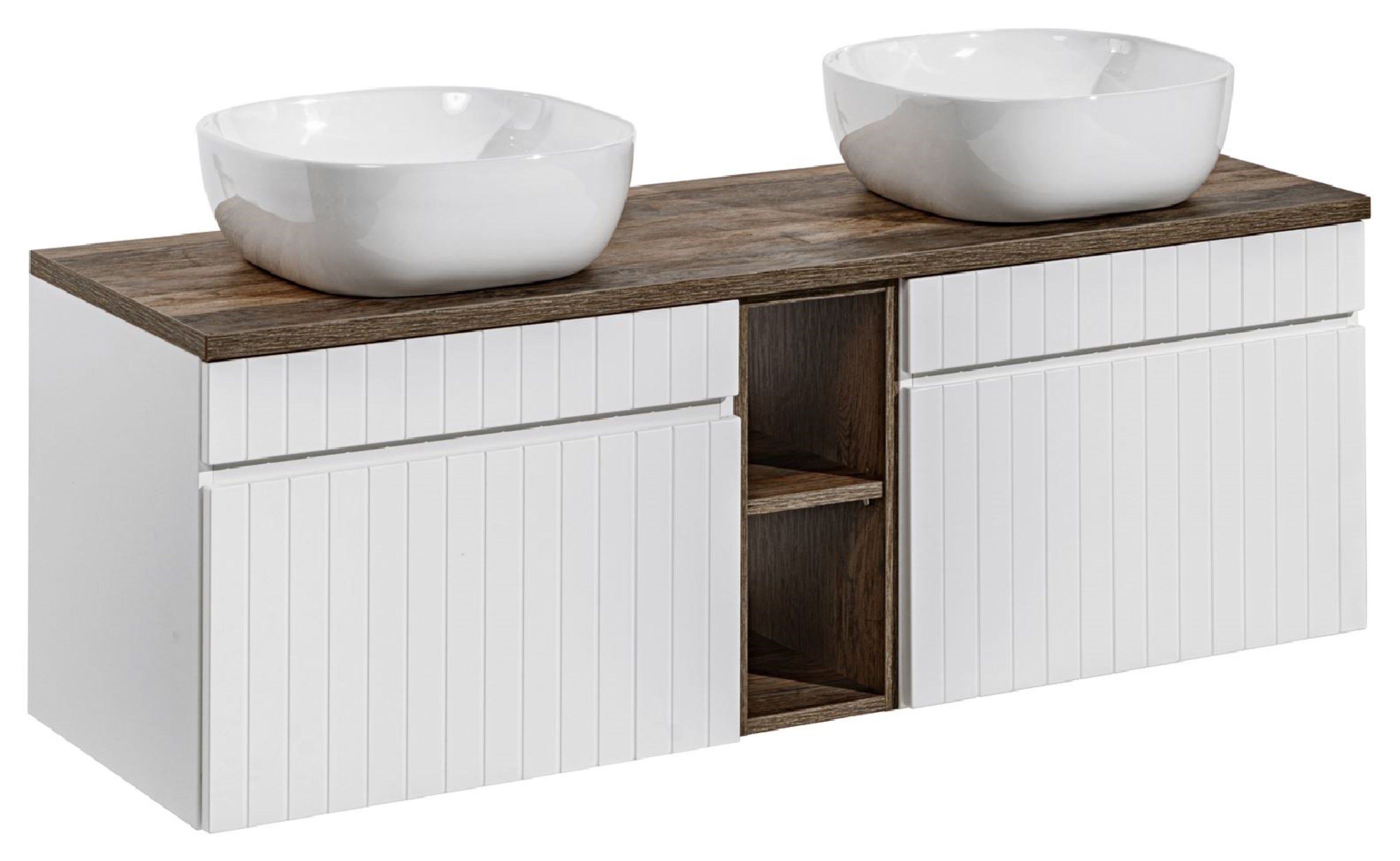 Szafka łazienkowa ICONIC White 140 cm z umywalkami biały ryflowana