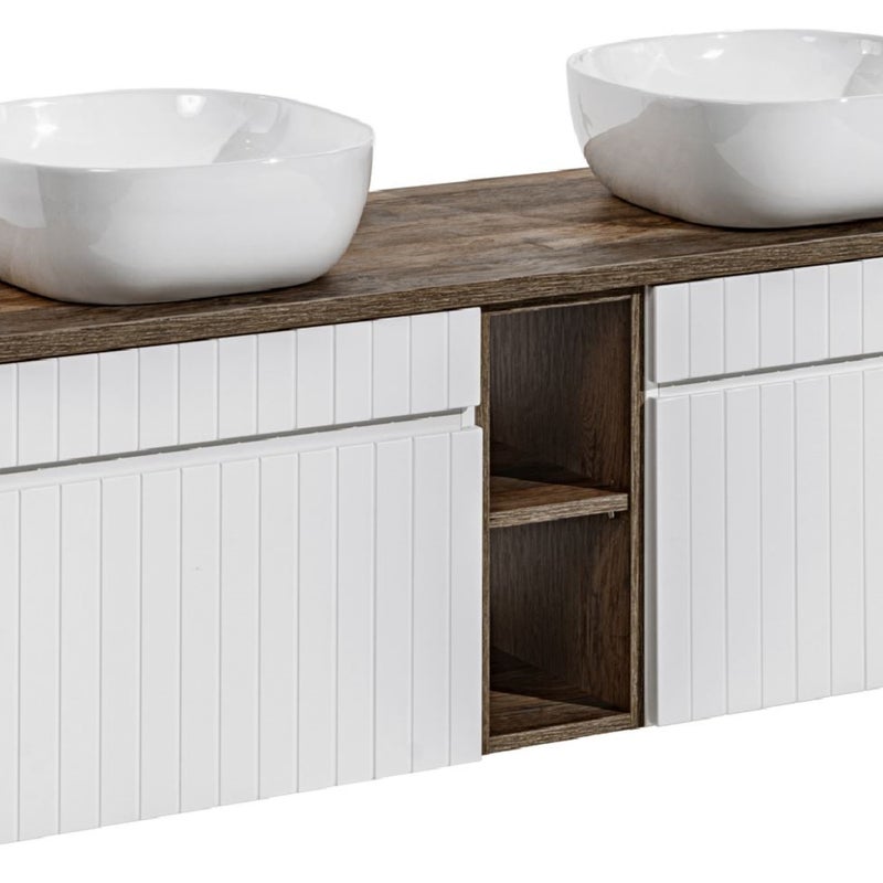 Szafka łazienkowa ICONIC White 140 cm z umywalkami biały ryflowana