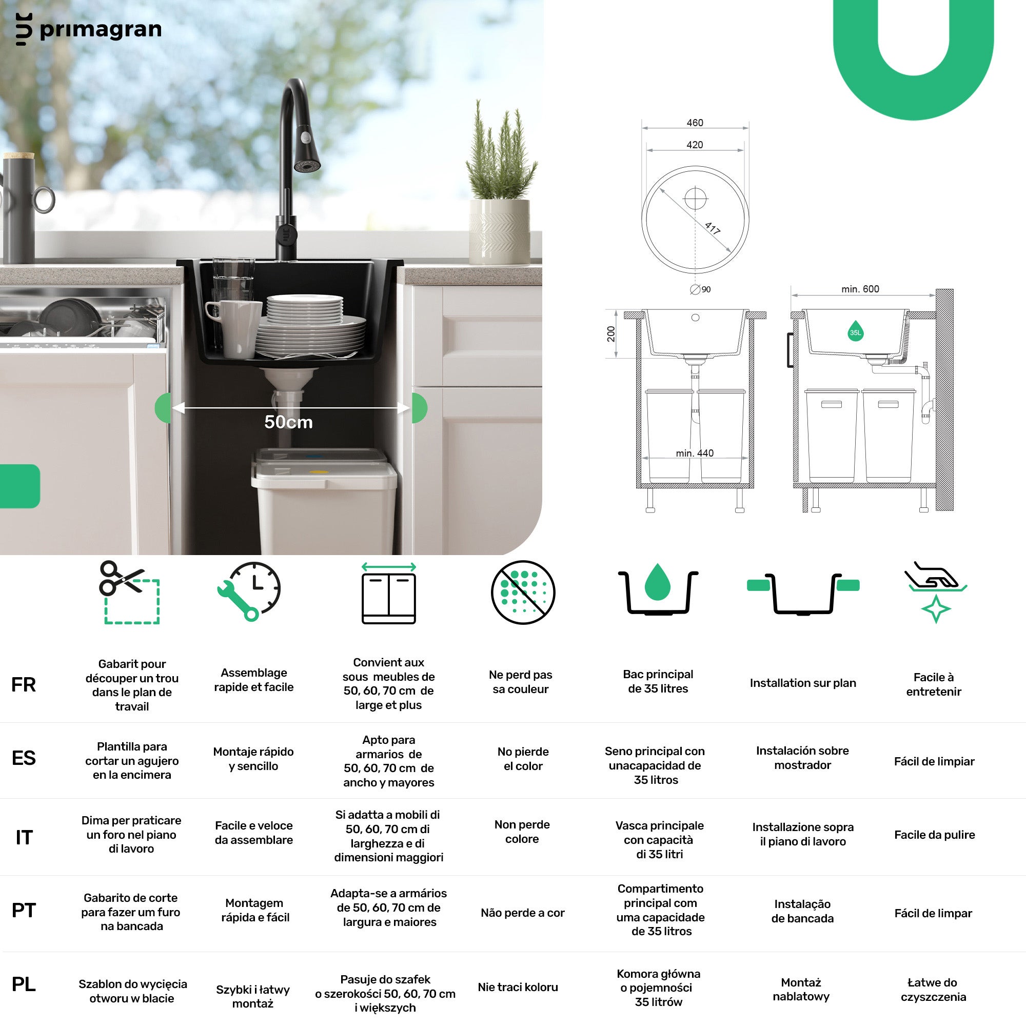 Lavandino Rotondo Tutto Nero 46x46cm, Lavello in Granito a 1 vasca + Sifone Classico + Accessori, Lavabo da Cucina Incasso al mobile 50cm PRIMAGRAN - 6
