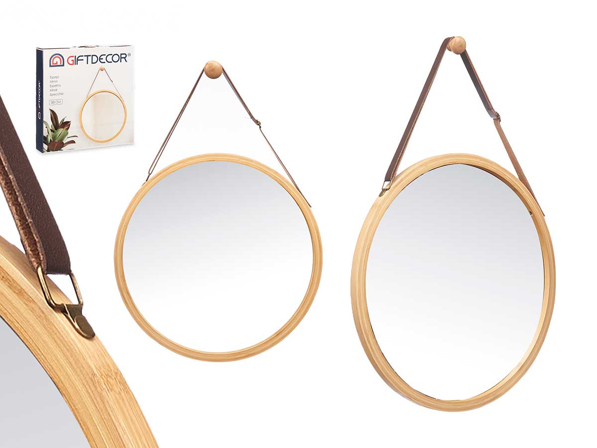 Espejo de pared bambu redondo 38cm correa cuero - 2