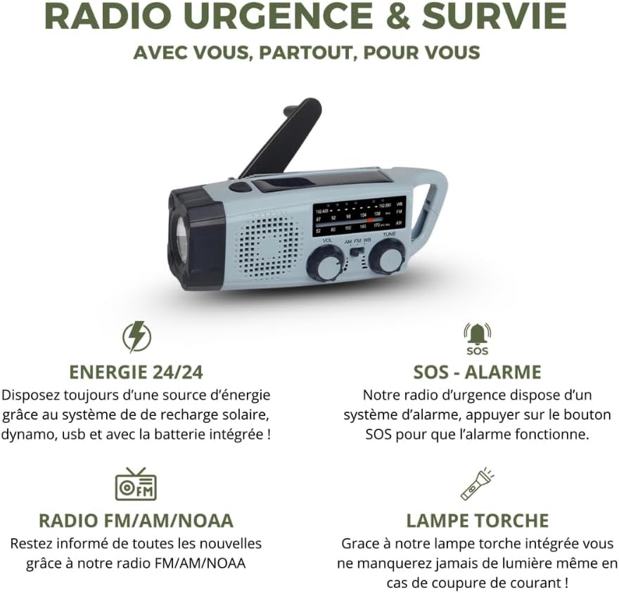 Radio Portable Urgence Militaire Solaire Dynamo 4000mAh - FM/AM/SW Avec Lampe LED, Powerbank, SOS Et Alarme Pour Camping Et Extérieur