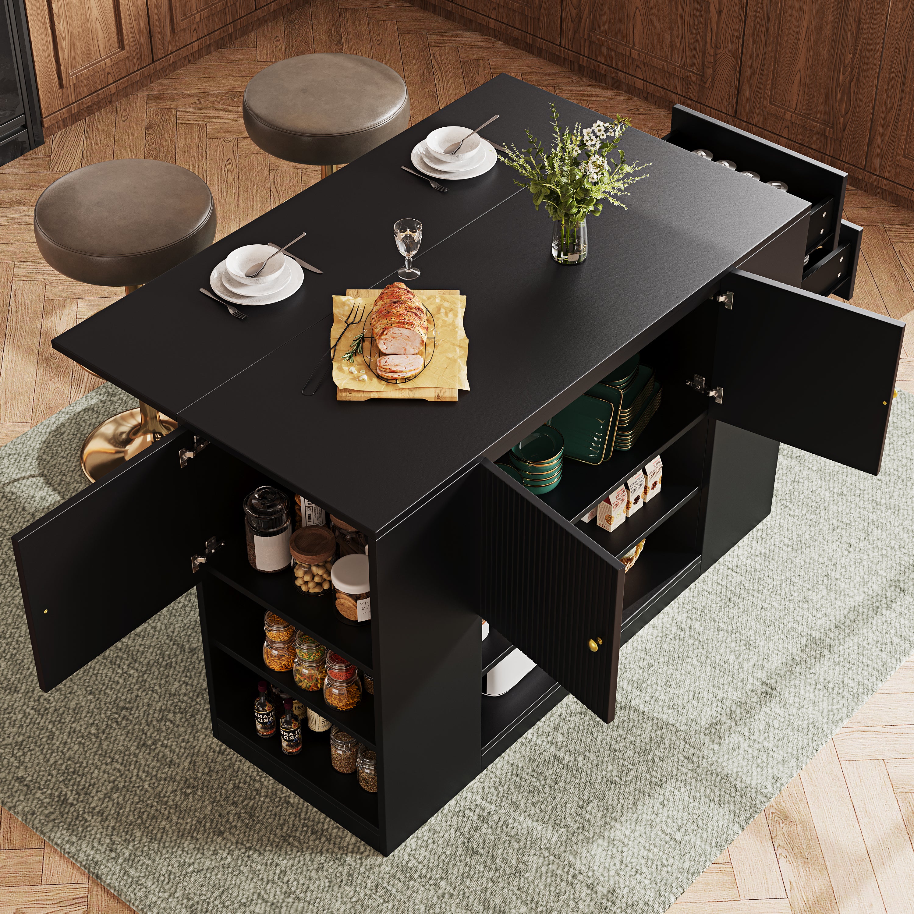 Ilot central de cuisine avec 3 portes, 2 tiroirs et compartiments ouverts - Plateau extensible - 140x40/70x90 cm - MDF - Noir - 3
