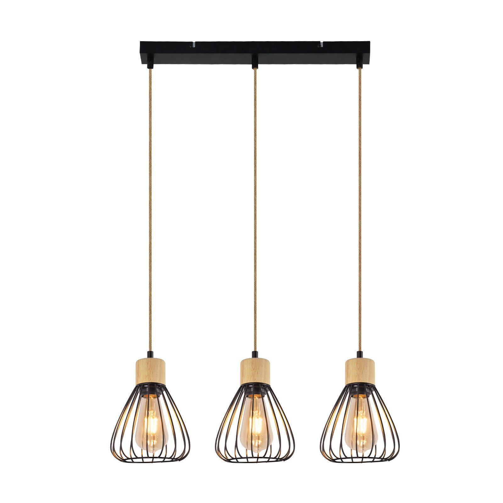 NETTLIFE Lampa wisząca Vintage Industrial Retro Lampa wisząca do salonu z drewna i liny konopnej w czarnym metalu 3 płomienie E27 - 9