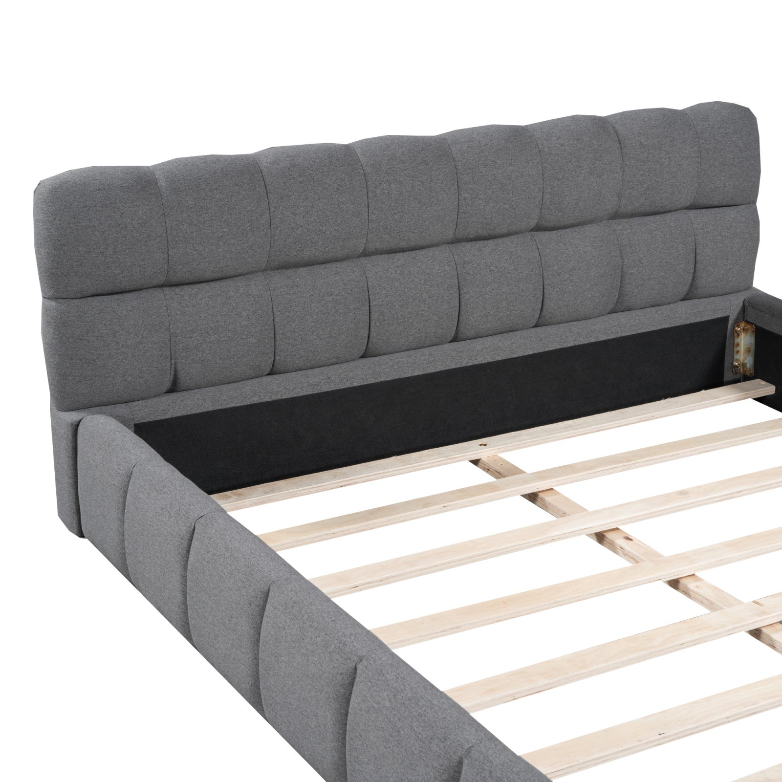 Lit adulte 140x190cm en lin avec dossier moelleux, Lit plat avec sommier à lattes, gris - 8