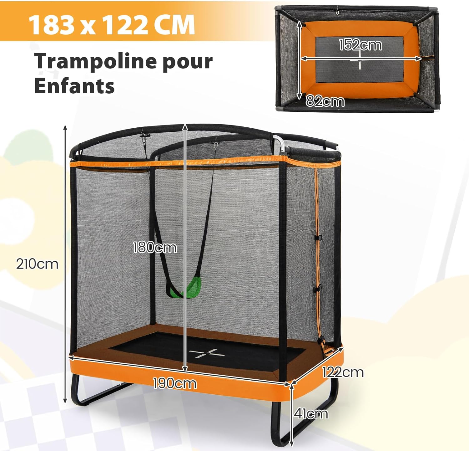 Tappeto Elastico per Bambini da Esterno ed Interno, Trampolino Rettangolare 190CM con Altalena e Rete di Sicurezza per Bambini più di 3 Anni, - 4