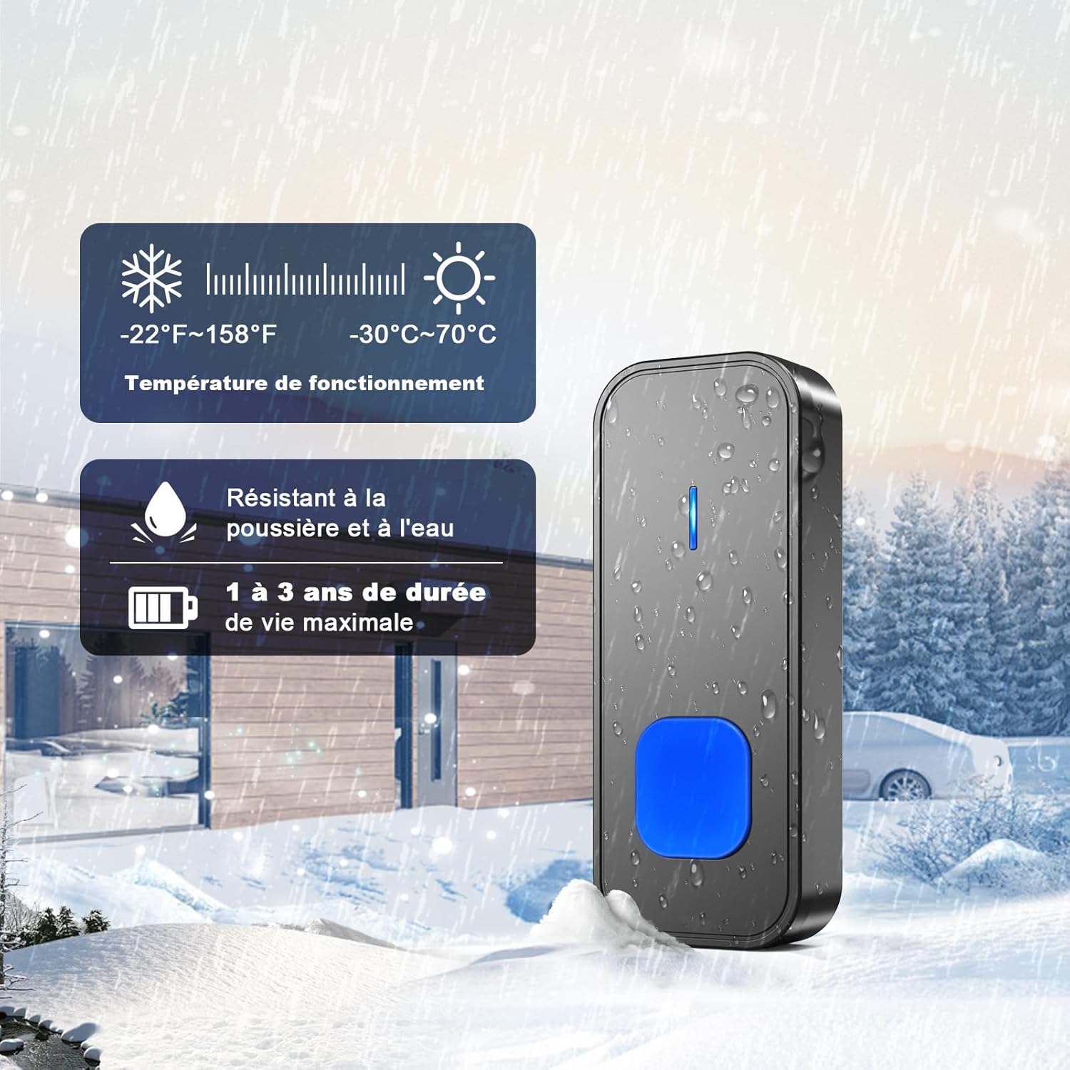 Sonnette sans Fil, 400M Sonnette Longue Portée Exterieur Étanche Electronique, Kit de Carillon avec Récepteurs Enfichables pour la Maison, LED Bleu - 3