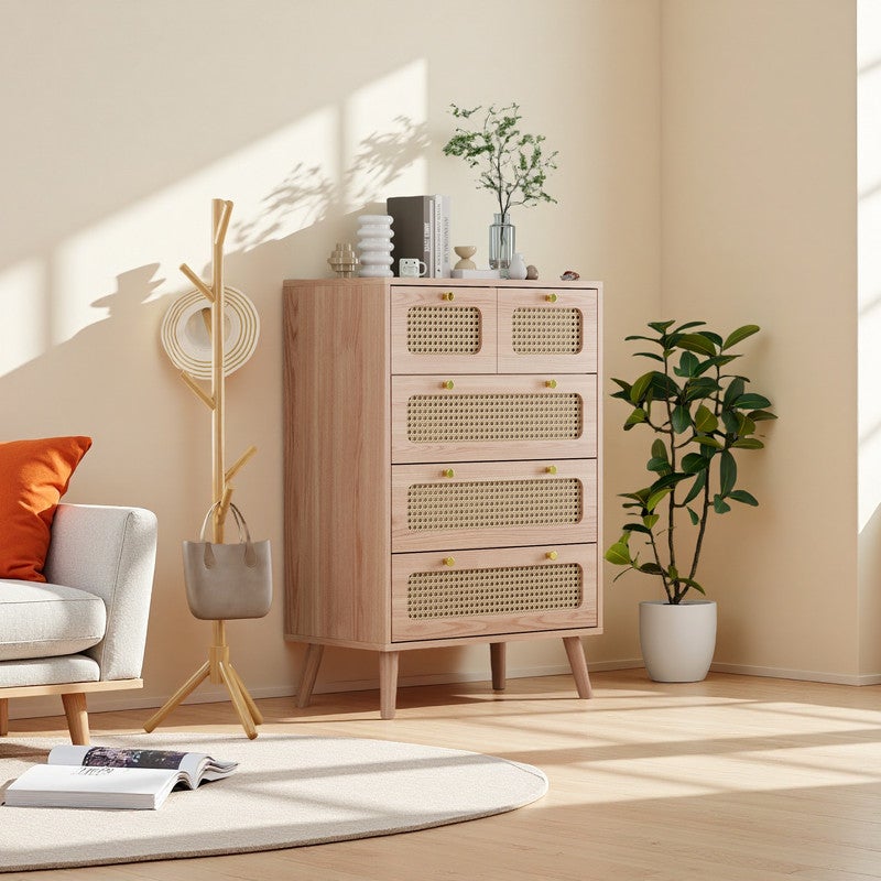 Commode à 5 tiroirs, structure en bois, finition rotin, buffet, meuble de rangement, couleur bois naturel - 3