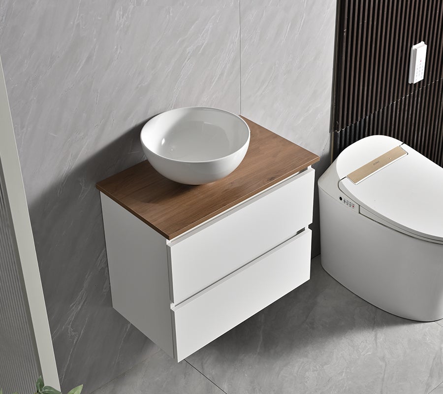 Conjunto Móvel de Casa de Banho profundidade reduzida 58x33x48 cm Branco e bancada de madeira com Lavatório de pousar - 2
