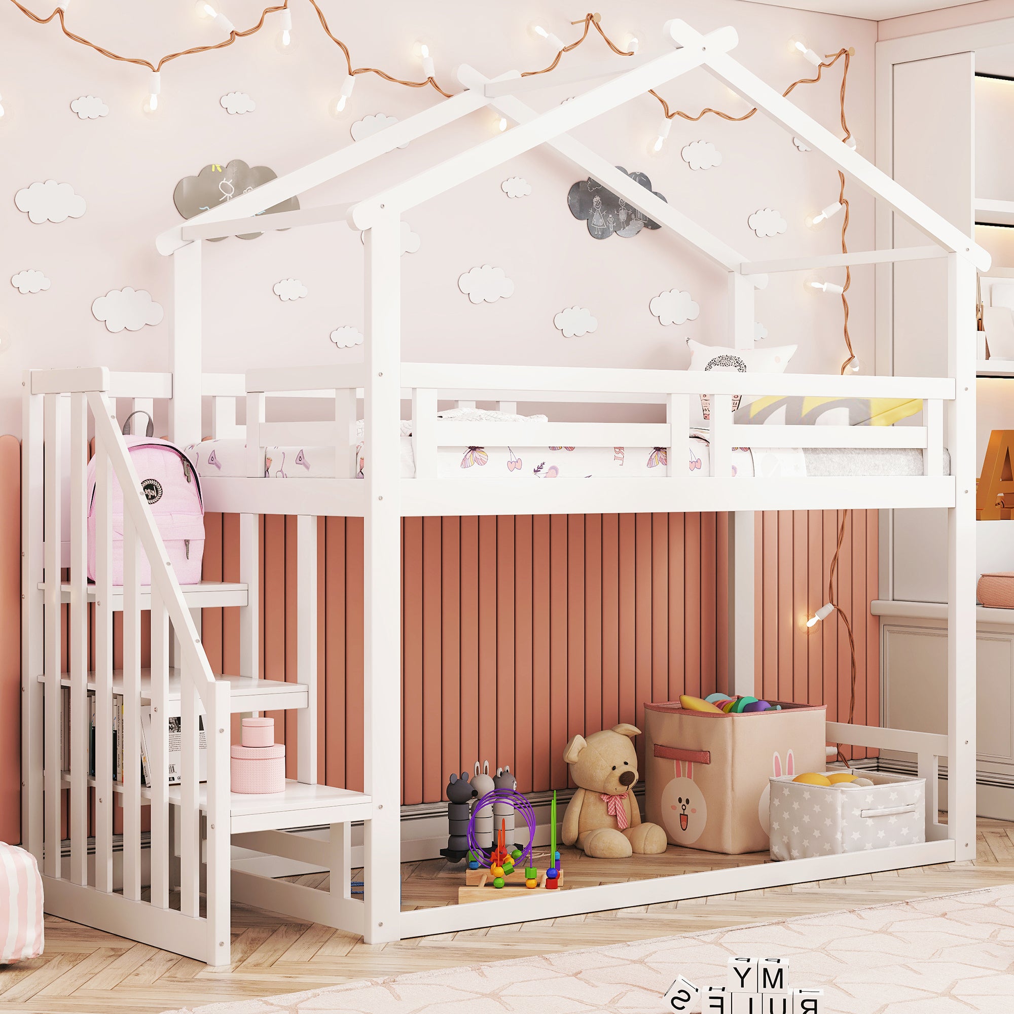 Łóżko piętrowe Cabin z pojemnikiem - 90 x 200 cm - sosna - stelaż tylko na górze - białe