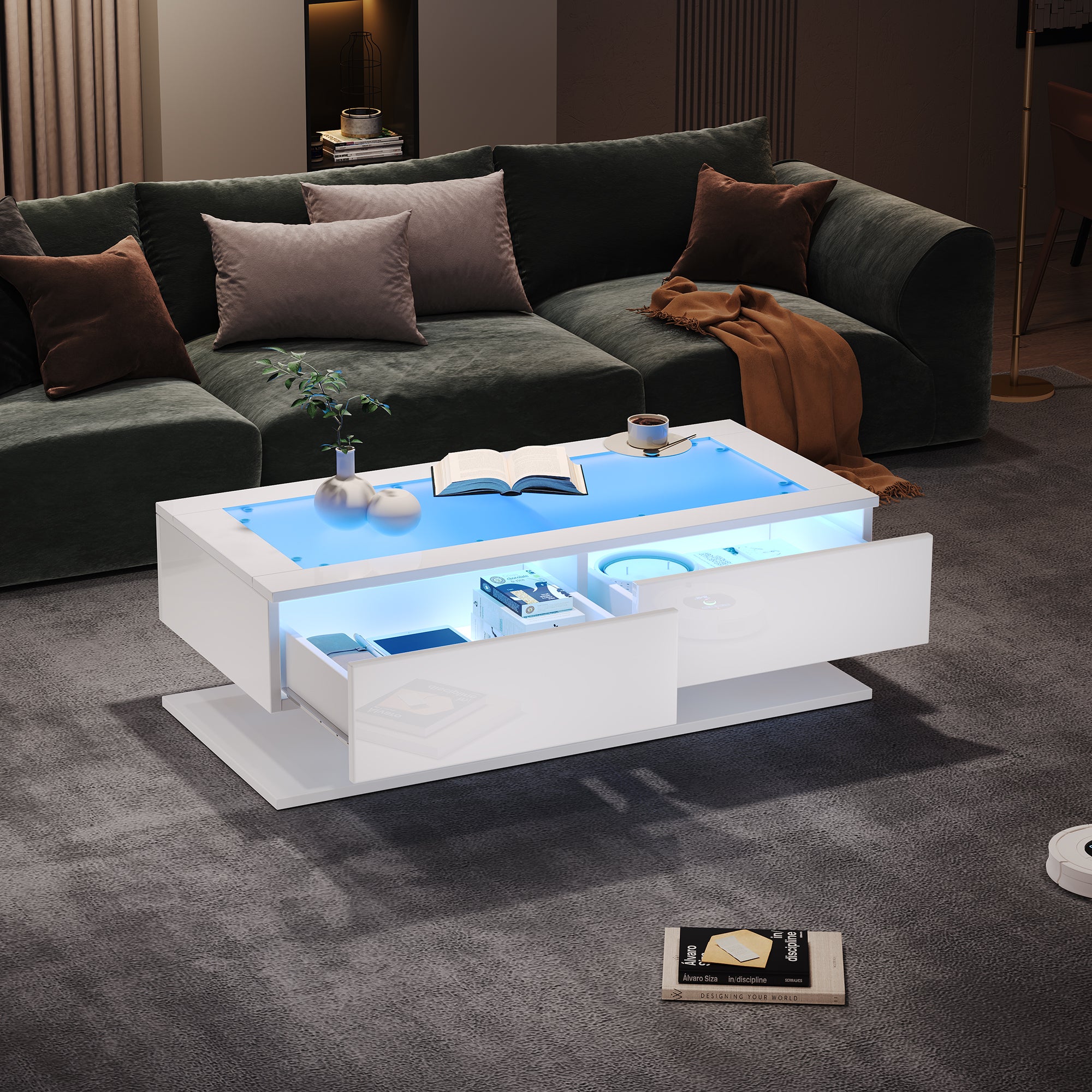 Stolik kawowy z 2 szufladami - 100 x 50 x 35 cm - Płyta wiórowa i szklany blat - Diody LED - Do salonu - Biały połysk
