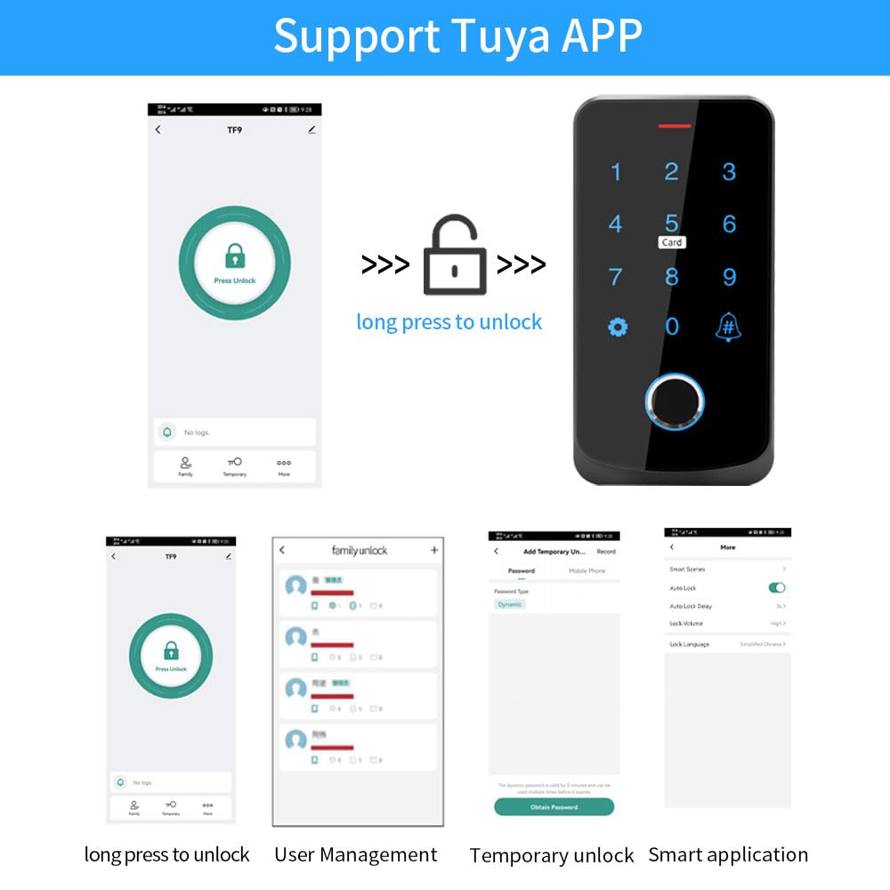 ReaIOKbii Bluetooth tuya app sistema di controllo accessi kit RFID controller tastiera intelligente per impronte digitali 180KG / 350LB serratura magnetica IC portachiavi apriporta 13.56MHz