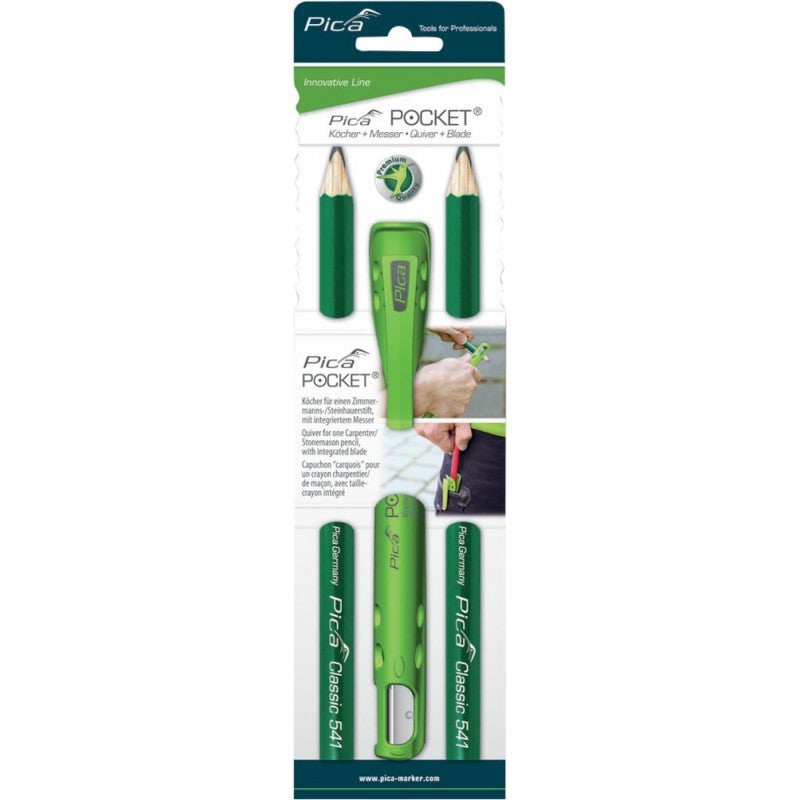 Temperówka Pica Pocket z zielonym etui i 2 ołówkami murarskimi 24 cm