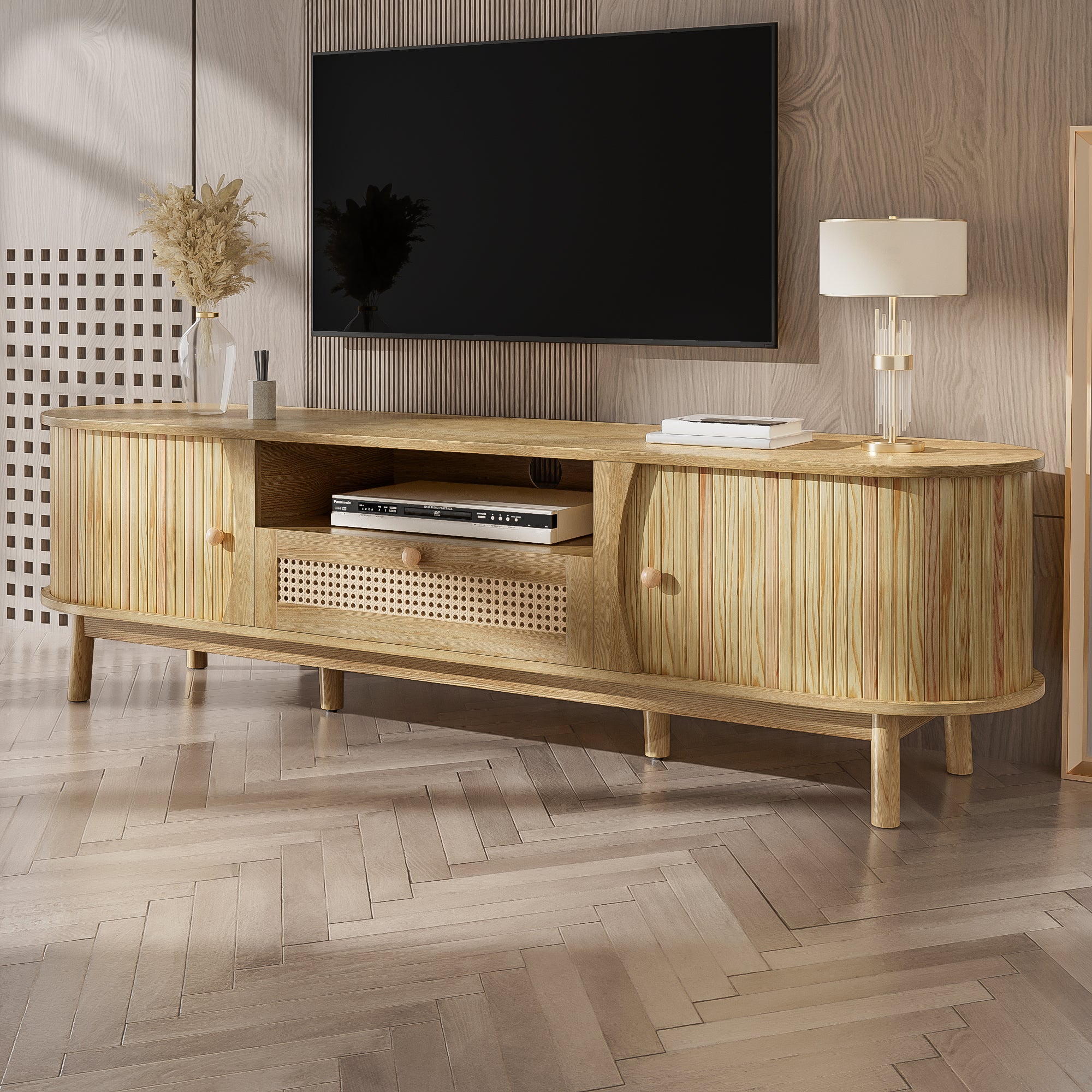 Meuble TV en rotin 165x37x46 cm - 2 portes et 1 tiroir en rotin - Style ...