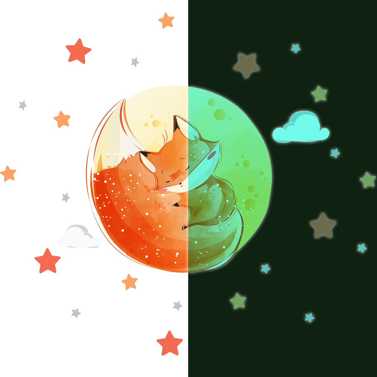 Adesivi fosforescente volpe sognante + 50 stelle - Sticker adesivo - adesivi murali - 70x95cm - 2