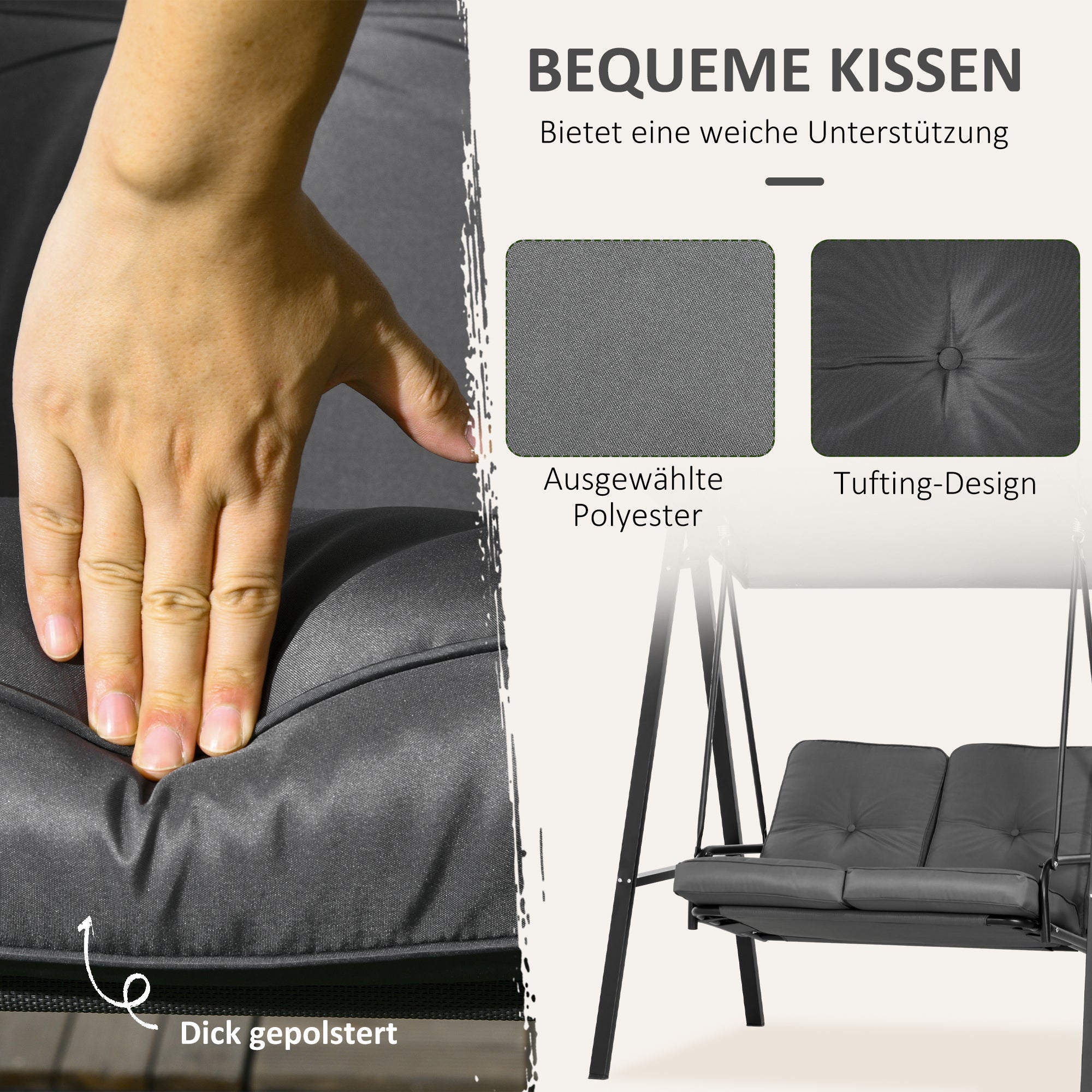 Balançoire Hollywood, balancelle de jardin 2 places avec auvent réglable, charge maximale 220 kg, 145 x 116 x 172 cm, gris foncé - 7