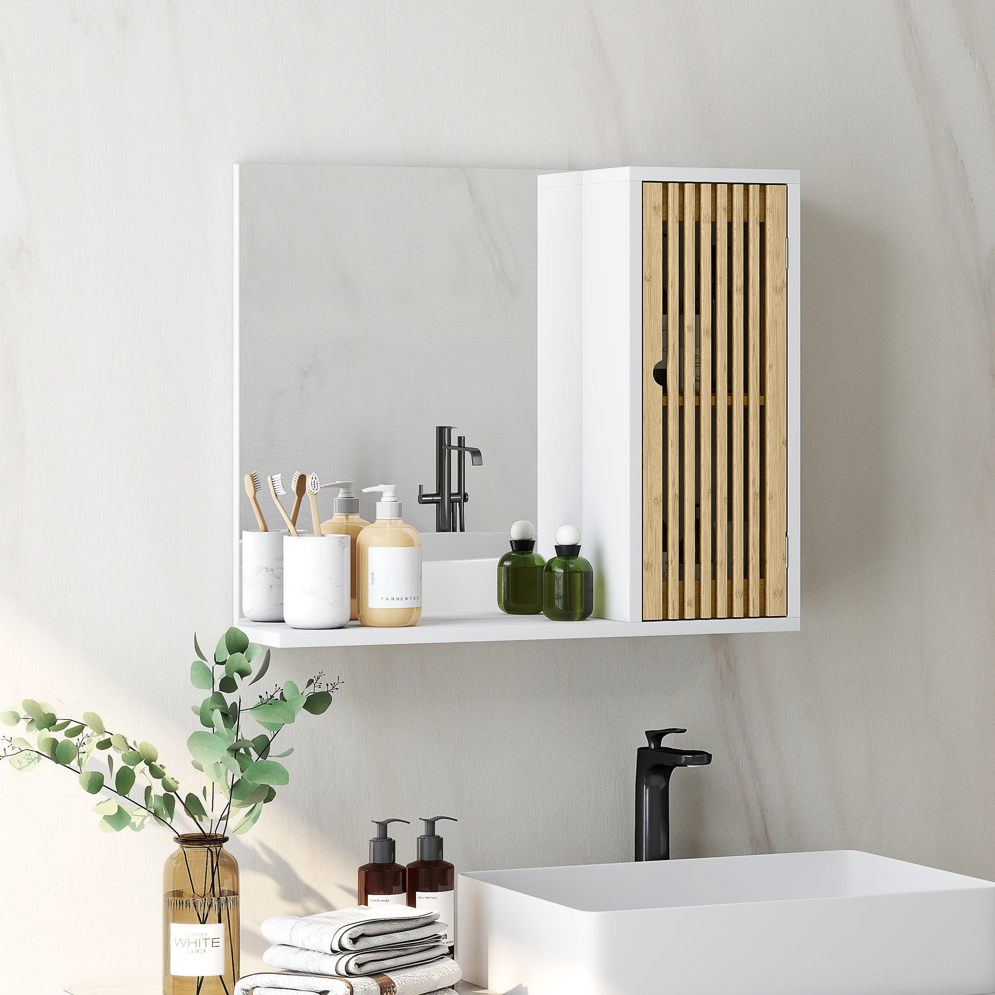 Homcom Espejo De Baño Mdf, Bambú 60X14x50 Cm Blanco , Leroy Merlin