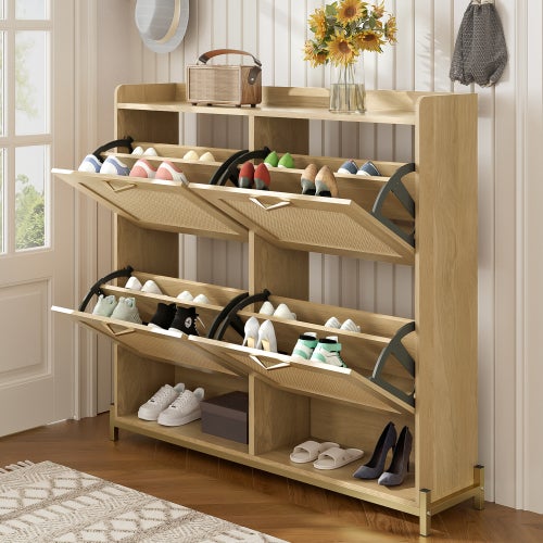 Élégant meuble à chaussures en bois avec portes en rotin – 4 portes, structure métal, étagère supérieure, rangement organisé. - 4