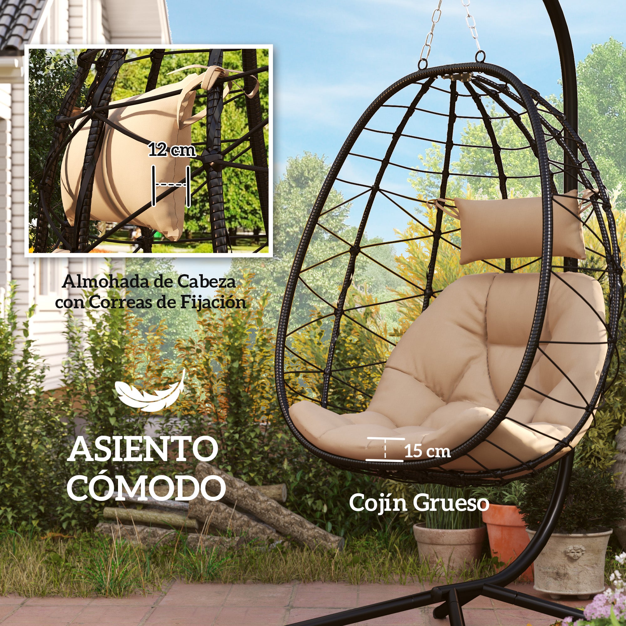 Cadeira Suspensa Outsunny Aço e Poliéster Cáqui 98x95x198 cm - 4