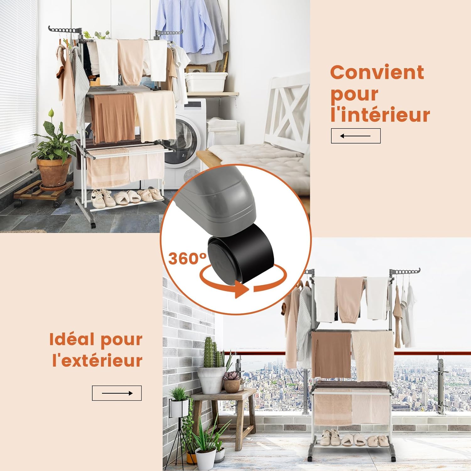 Stendibiancheria a Torre, Stendibiancheria Verticale Salvaspazio con Supporti per Grucce Girevoli e Piani Pieghevoli, Stendino Pieghevole con - 5