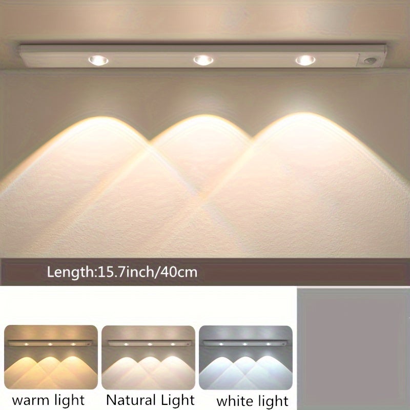 Ściemnialna, 3-kolorowa listwa LED, mała, bezprzewodowa lampka nocna o długości 40 cm, z czujnikiem ruchu, ładowalna, do kuchni i szafy