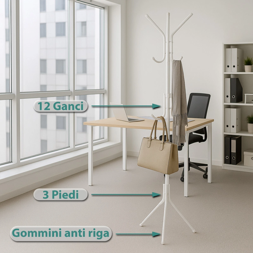 Appendiabiti da terra Servomuto stender piantana 12 ganci metallo Bianco con base a tre piedi 170 cm stabile resistente leggero moderno - 6