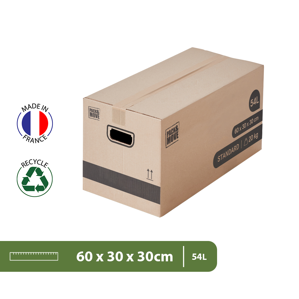 Pack and Move - Lot 20 cartons déménagement stockage standard - 60 x 30 x 30 cm - Poignées renforcées - 1 adhésif offert - 2