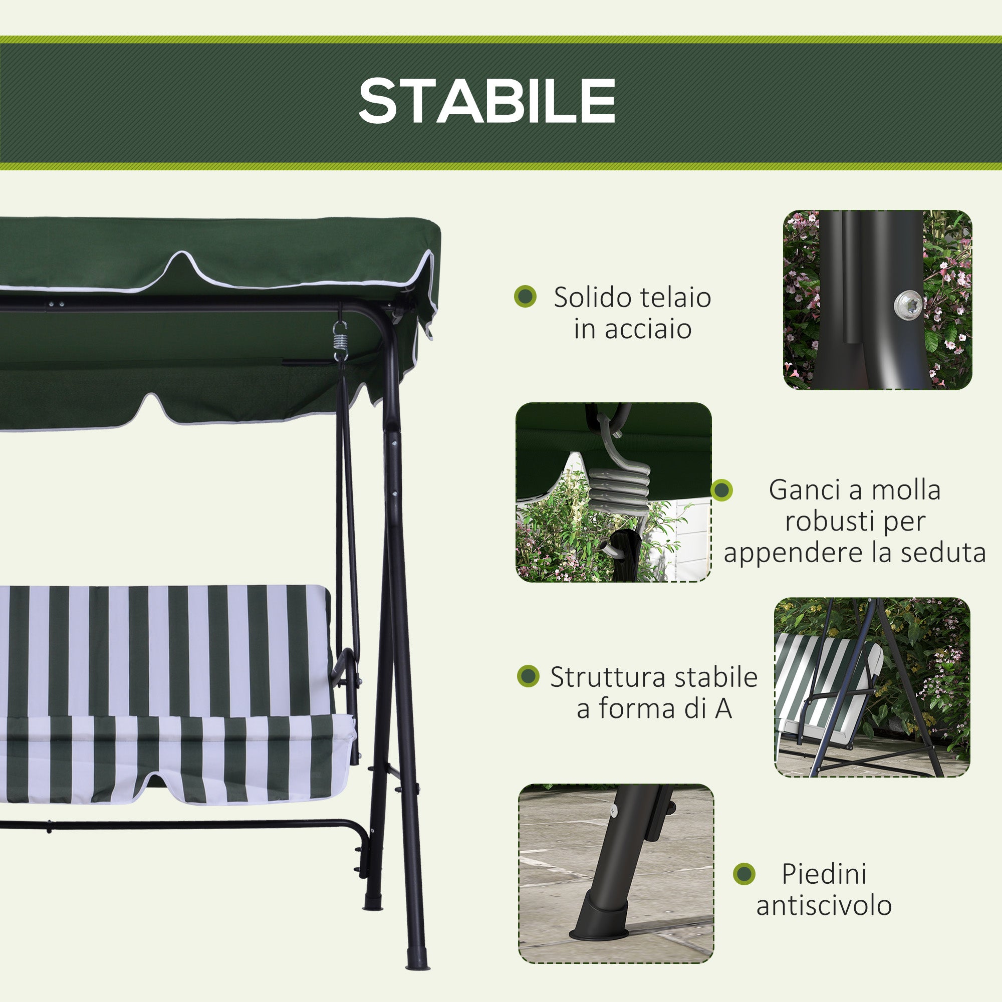 Outsunny Dondolo da Giardino a 3 Posti con Tettuccio Inclinabile e Cuscini, 172x110x153 cm, Verde - 5