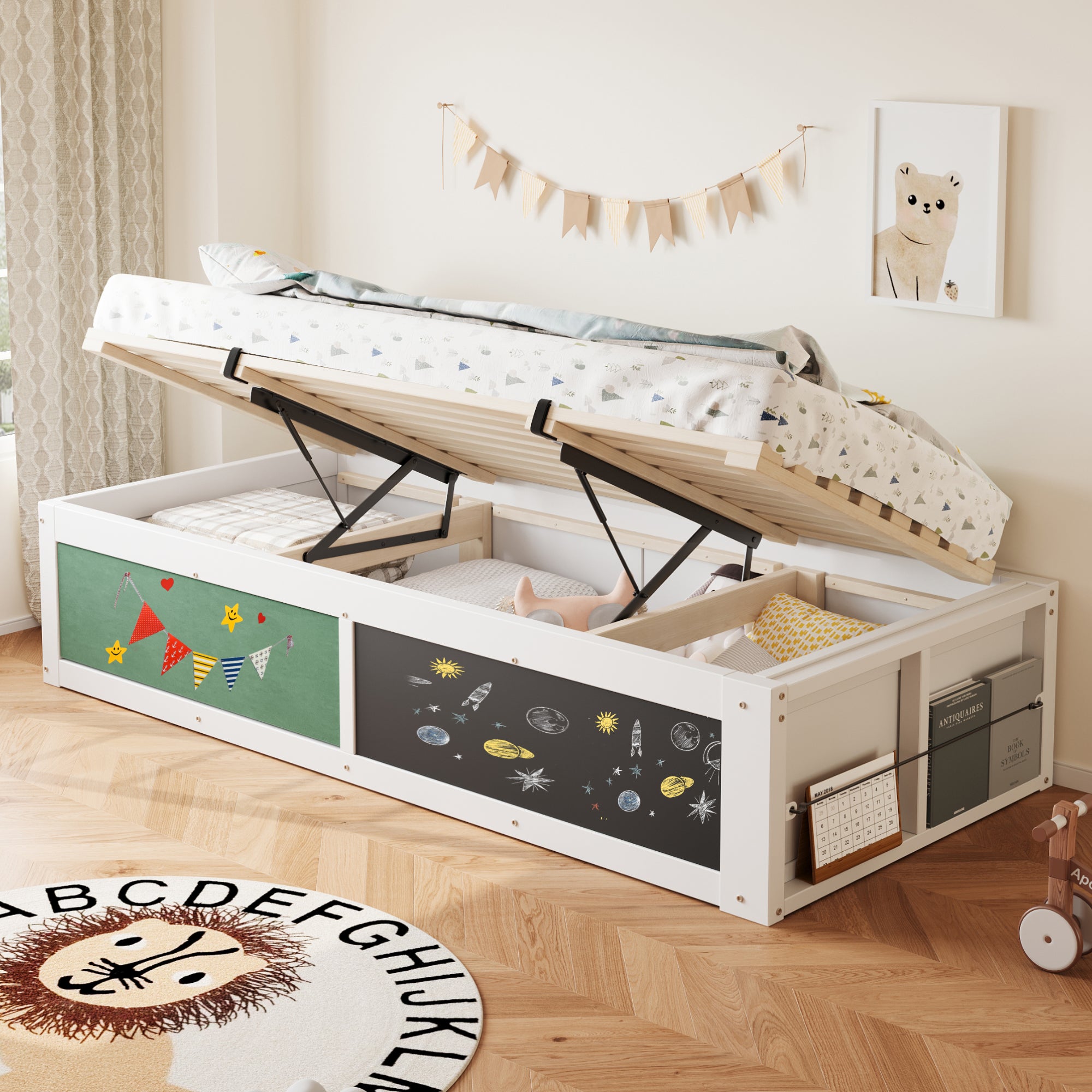 Lit coffre 90 x 200 cm avec tablette d'écriture et plateau recouvert de ...