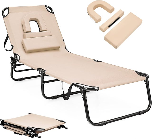 Cadeira de Sol Dobrável,Cadeira Comprida,3 Apoios de Cabeça Removíveis,Cadeira de Praia Reclinável,Encosto Regulável em 5 Posições,63x194x37cm,Bege