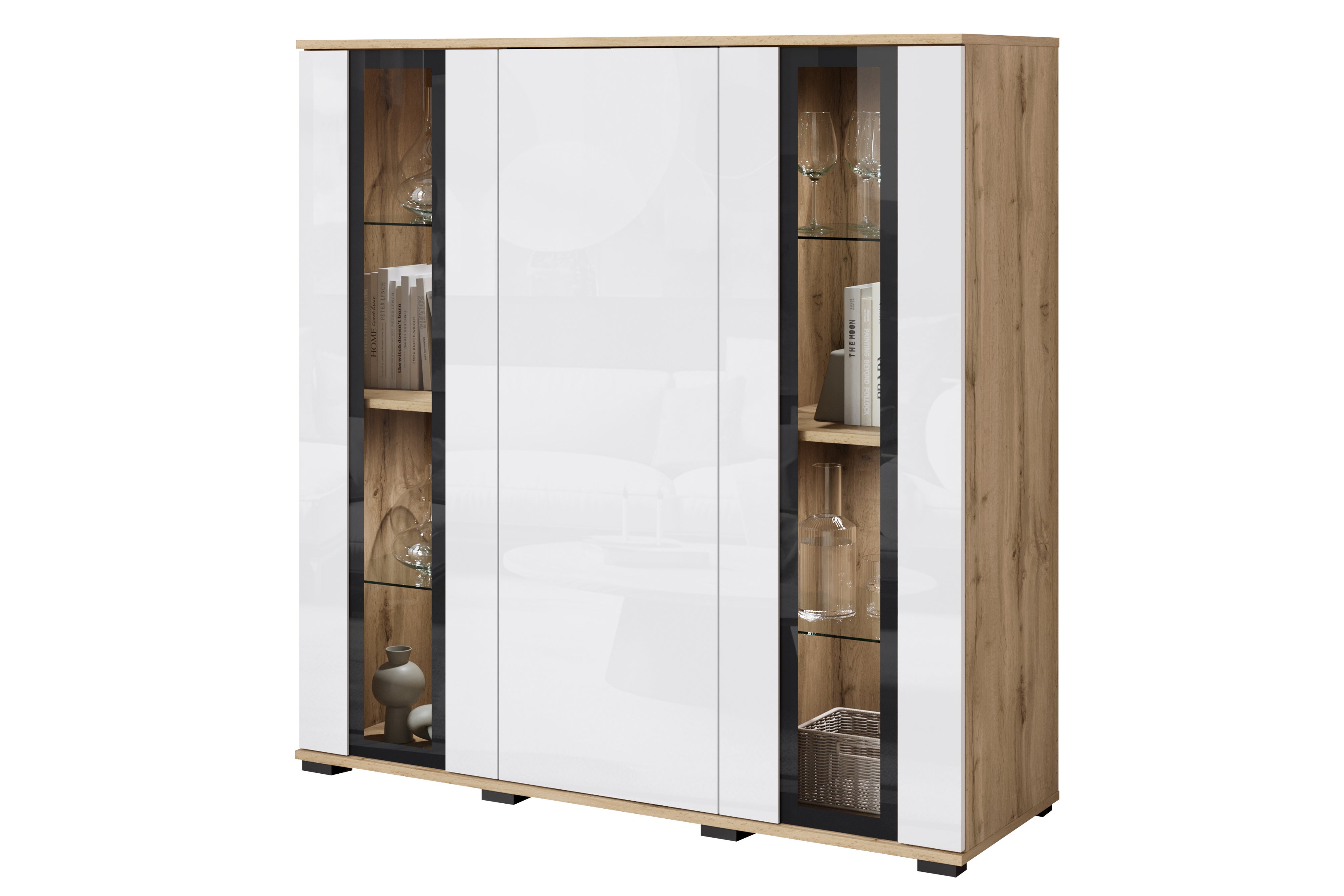 MINIO go for it, Witryna FARO 120 cm dąb wotan/biały połysk z oświetleniem LED
