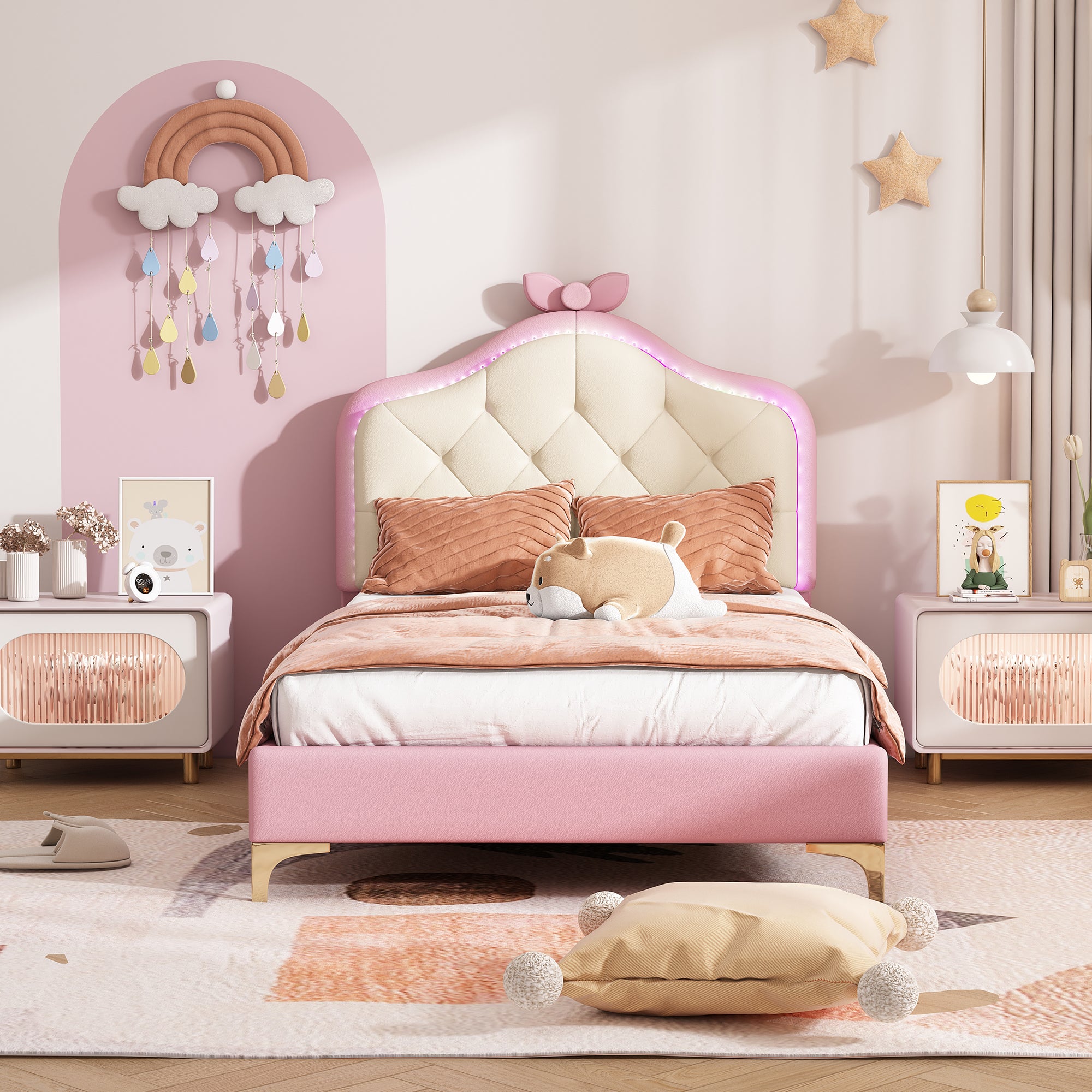 Łóżko tapicerowane Princess 90 x 200 cm z wielokolorowymi paskami LED – skóra ekologiczna – różowe