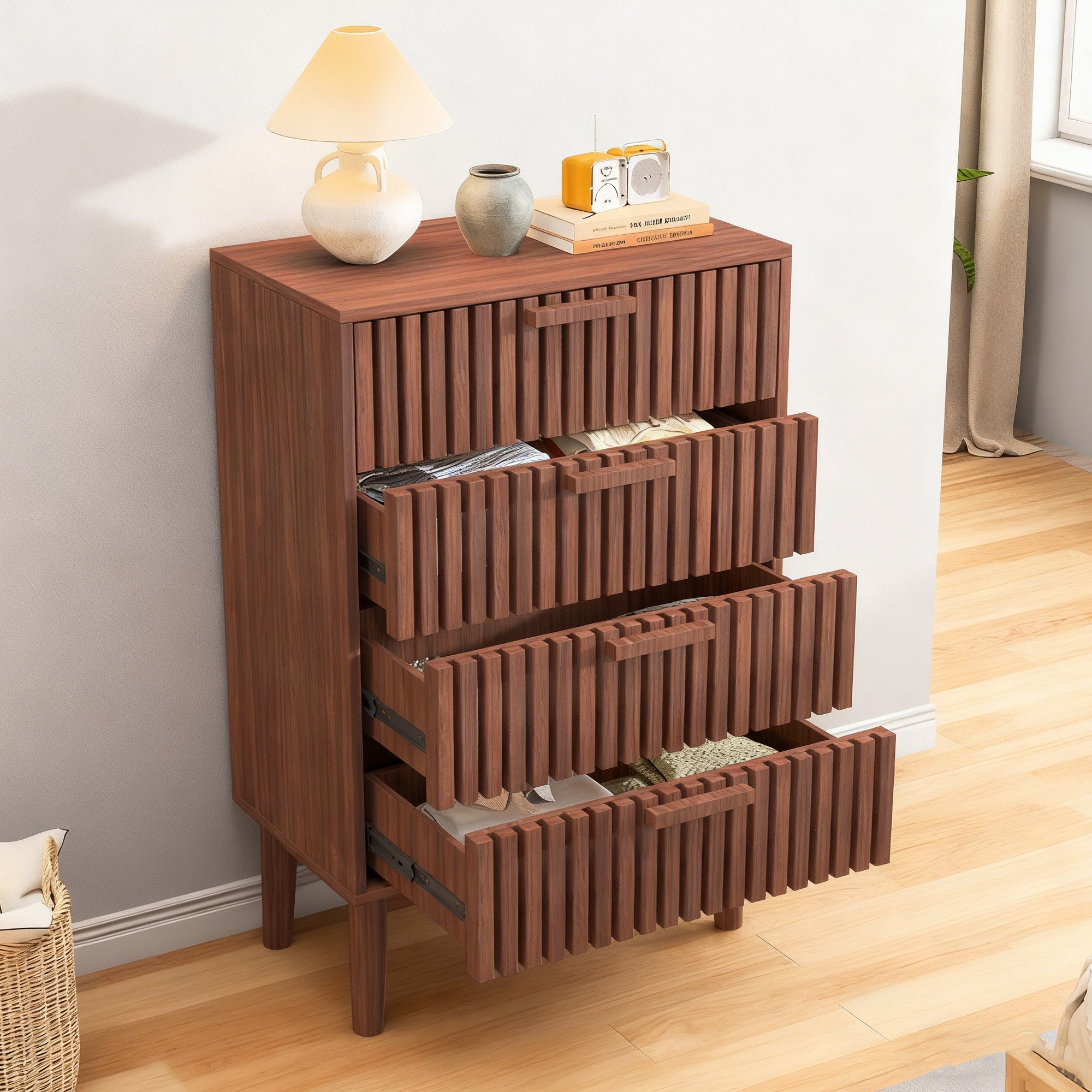 Commode avec 4 tiroirs - poignées en bois - commode de chambre en bois - Style rétro - 60x34x91cm - pour chambre salon - Bois noyer - 2