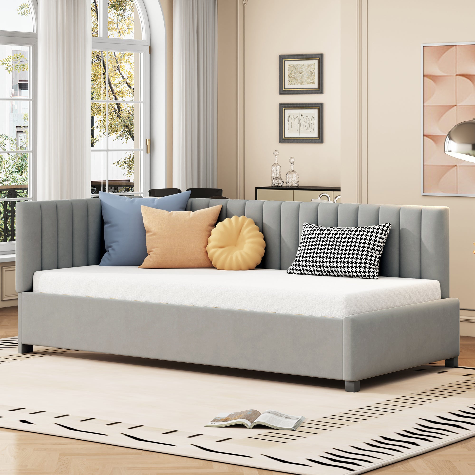 Letto Imbottito 90x200 Cm Con Rete A Doghe – Divano Letto In Velluto Beige – Senza Materasso - 4