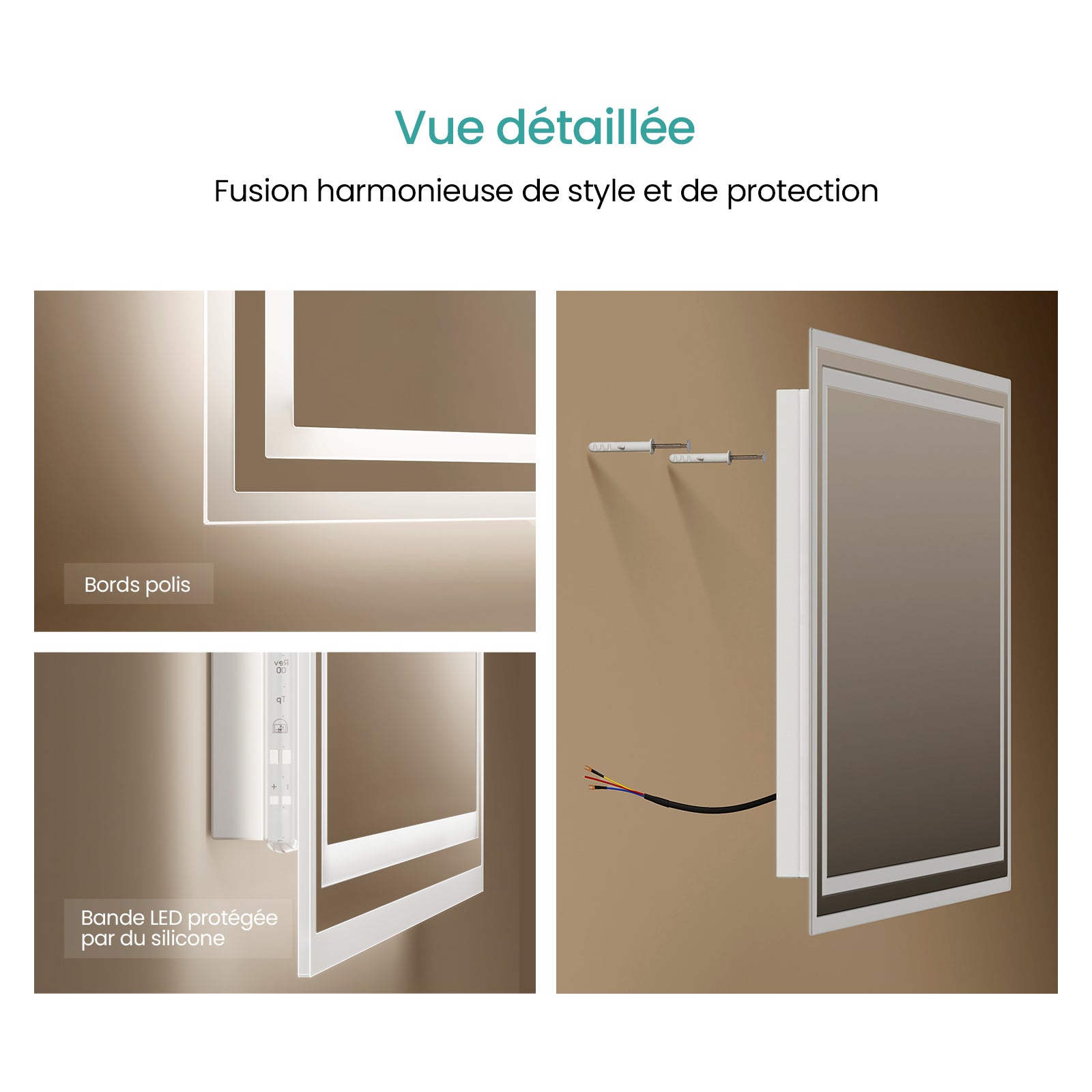 EMKE Miroir lumineux salle de bain 60x50cm, Miroir LED avec Interrupteur à bouton, Anti-buée, Miroir avec éclairage lumière Blanche Froide/Chaude - 5