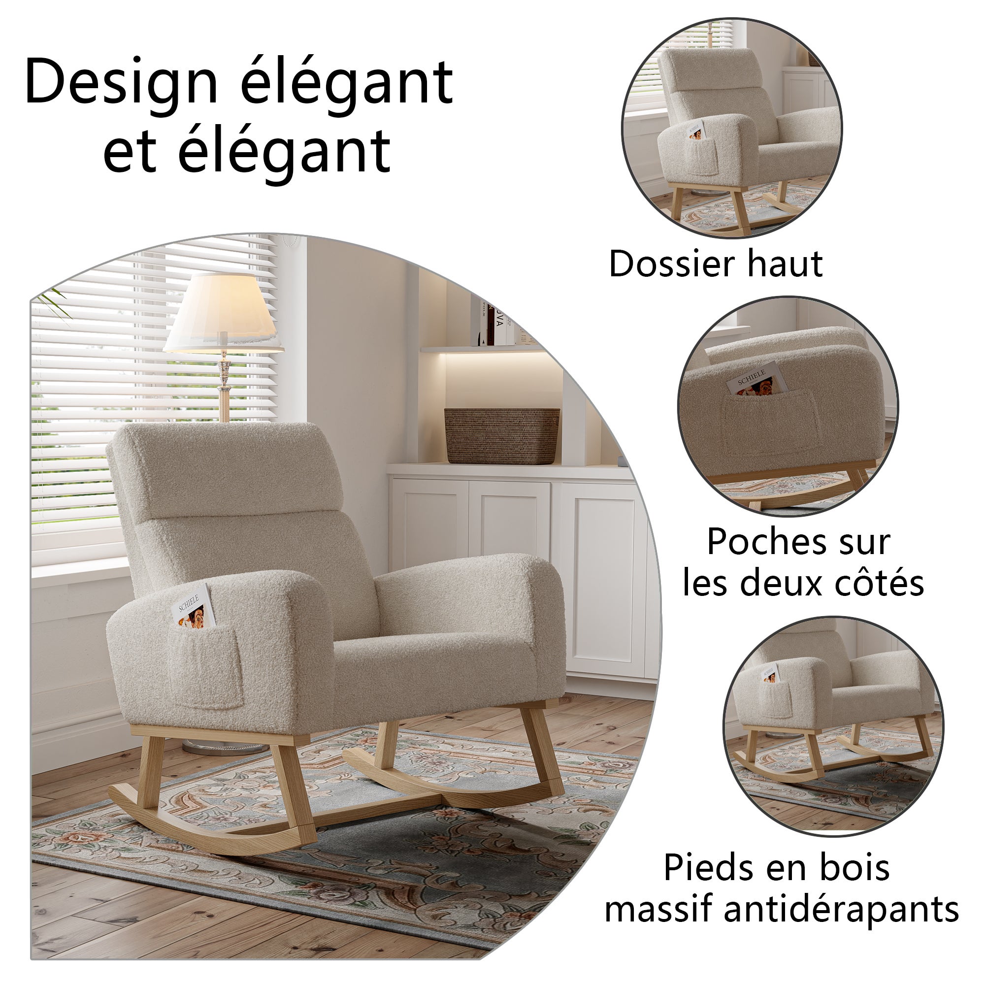Fauteuil a Bascule, Chaise a Bascule Allaitement avec Poches Latérales et Base en Bois, Fauteuil Rocking Chair interieur extérieur pour Chambre, Beige - 5