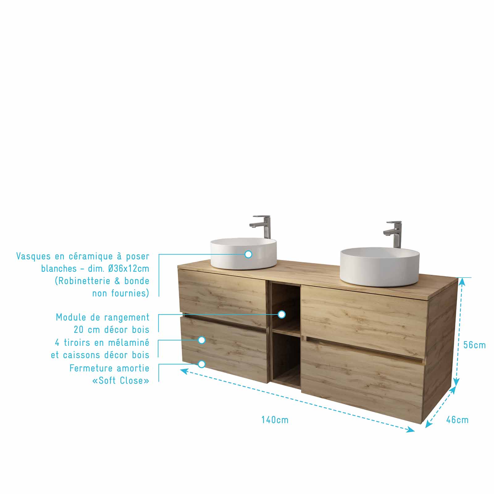 Meuble de Salle de Bains 140 TIMBER Décor Chêne 4 tiroirs et module - Vasques Blanches 36cm - 4