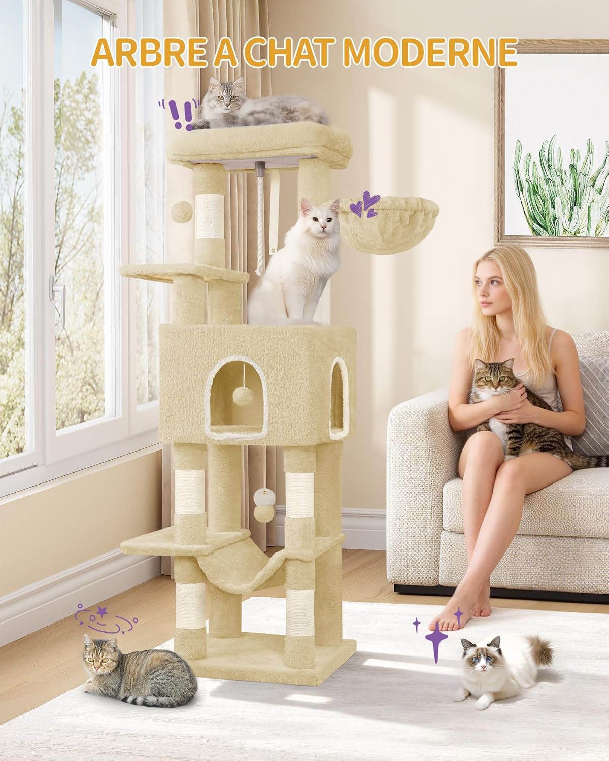 Árvore para Gatos (162 cm de Altura), Torre de Brinquedos, Arranhador com Plataformas Grandes, 5 Postes Arranhadores, 3 Pompons, 1 Rede,Cinza-escuro - 2