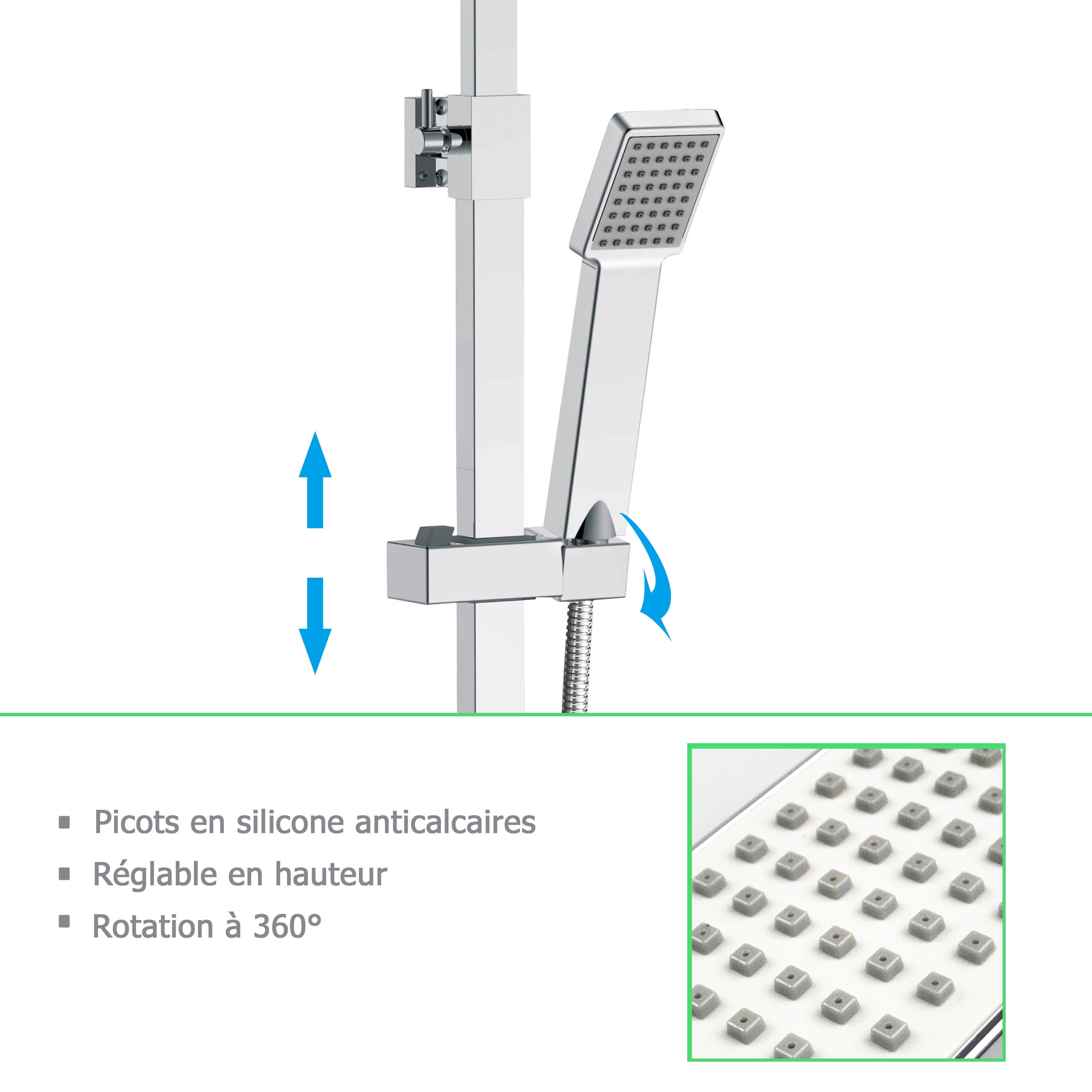 Colonne de douche thermostatique 75x35.5x7, kit carré chromé AICA - 7