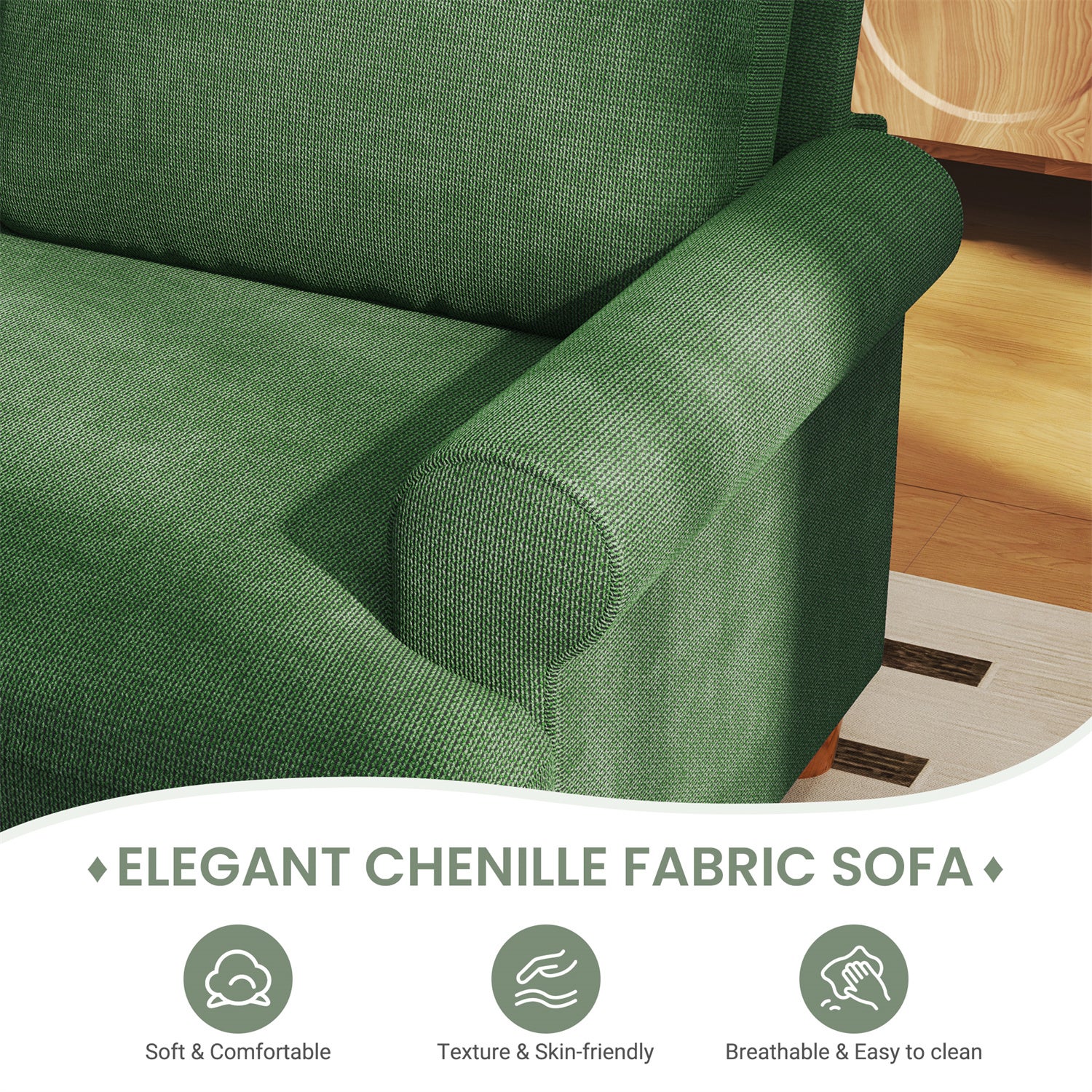Grand Canapé 3 Places en Chenille Vert avec accoudoirs,coussins et oreillers,Canapé Scandinave pour le salon,220×74×86cm - 4