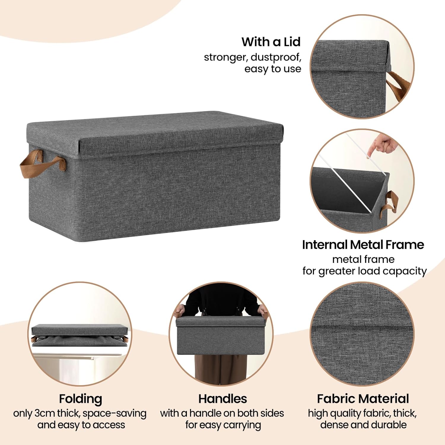 WOLTU Boîte de Rangement avec Couvercle，Lot de 6，Caisse Rangement Pliable，48x29x20cm，Coffre de Rangement en Tissu non Tissé，Gris - 5