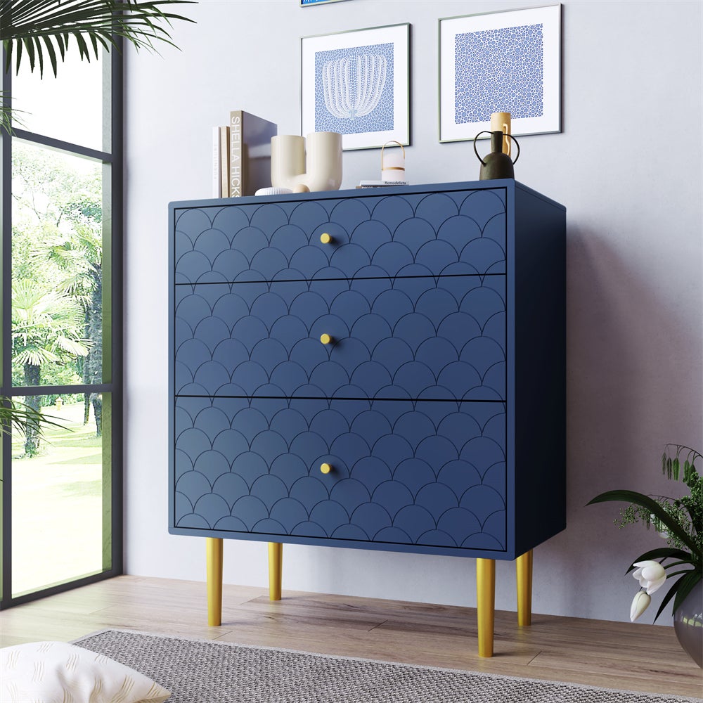 Commode buffet haut avec 2 portes 3 tiroirs bleu marine motif d'écailles H82/B120/T40 AIKETS main image 0