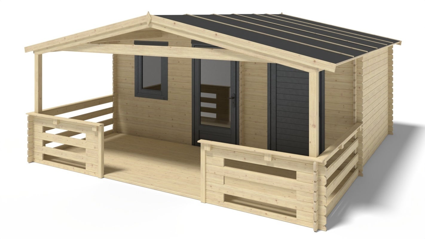 Abri de jardin en bois - 5x3 m - 25 m2 + terrasse avec balustrade et