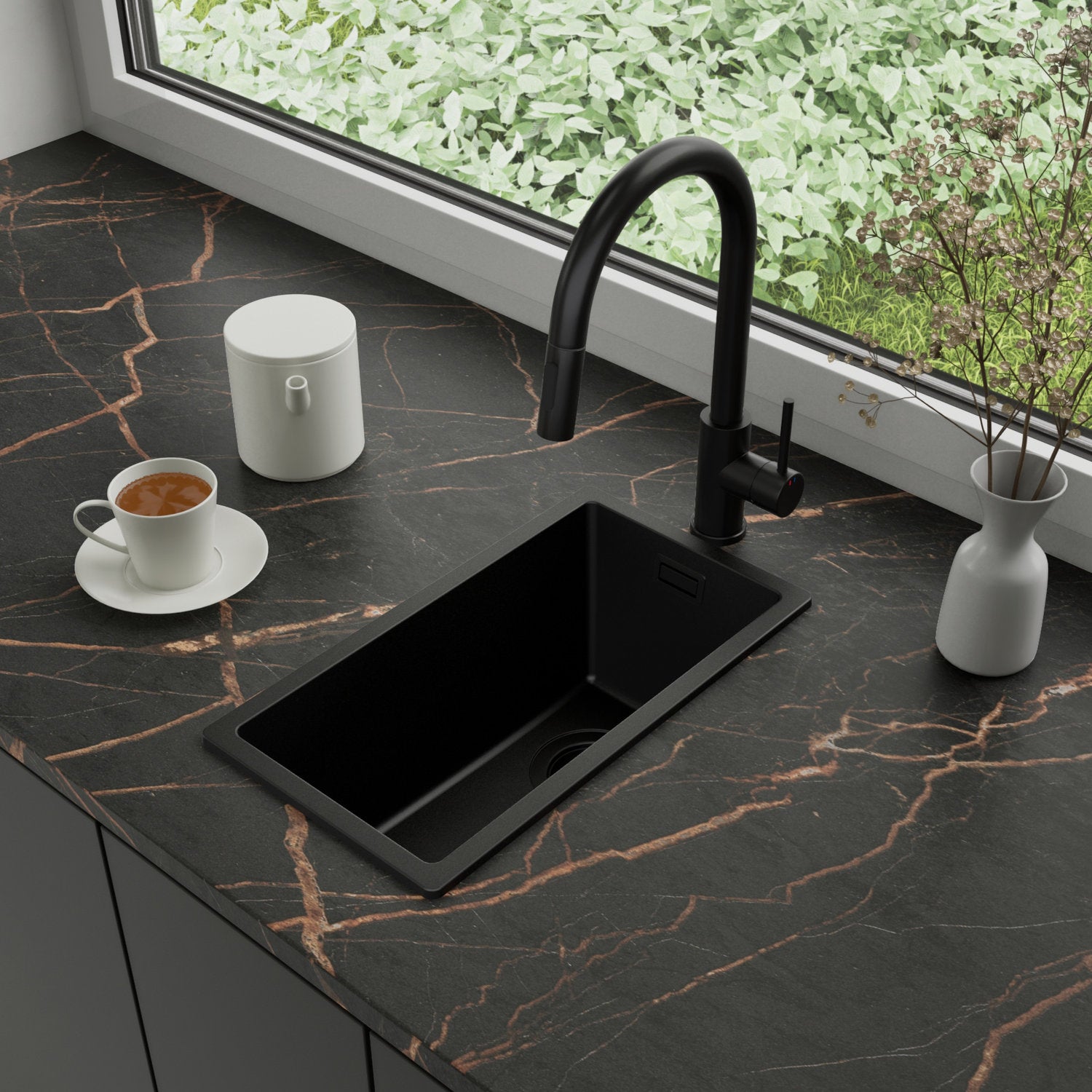 Zlewozmywak Granitowy 26x47cm, do szafki od 30cm + Bateria + Syfon - Agate Cały Czarny STONESTYLE